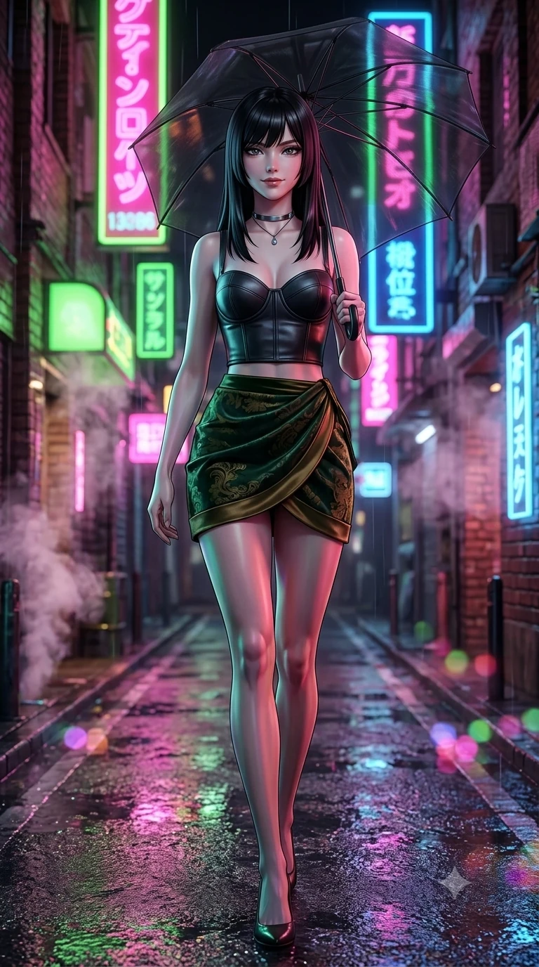 score_9, masterpiece, best quality, ultra-detailed, high-budget anime keyframe, semi-realistic 3D game render, editorial fashion photography, tasteful artistic composition, Caucasian woman. low angle full-body shot from head to toe showing her feet, filling the entire 9:16 vertical frame with her statuesque presence, stretching her vertical silhouette. walking dynamically down the glistening wet asphalt alley beneath a translucent black umbrella, hips swaying gracefully in a captivating supermodel rhythm while twisting her slender torso in an alluring S-curve in the narrow alley, neon pink and amber reflections contouring her flat midriff and hips. The background shows a soft-focus dense vertical neon signs in hot pink, lime green, and electric blue, rising steam plumes, and wet asphalt blurred into neon candy bokeh. She has an exceptionally tall and slender model-like 8.5-heads proportion, an ultra-slim waist, a flat toned midriff, narrow delicate ribcage, and beautifully sculpted feminine hips creating a graceful, slim hourglass silhouette without any bulky heaviness, with impossibly long slender legs. sharp v-shaped jawline, high-bridge nose, intricate jewel-like dark sparkling eyes with dangerous depth, thick curled eyelashes, glossy parted lips with a rich wine sheen, smoldering seductive half-smile with bedroom-eyes, exuding effortless superiority and intoxicating dark allure, flawlessly proportioned anatomical accuracy, strict slender model proportions, natural body alignment, perfectly sculpted long slender limbs, ultra-slim waistline, clean dynamic posture without body distortion. wearing a structured underwire leather bustier top paired with an ultra-short draped wrap mini skirt in deep velvet forest green and antique brass, tailored from rich silk jacquard with subtle embossed baroque patterns, finished with a minimalist chrome choker and a single teardrop pendant, the bespoke structured tailoring following the natural line of her 8.5-heads silhouette with refined elegance. bathed in high-saturation multi-hued neon reflections bouncing off wet alley walls and glistening skin. highly saturated vibrant anime colors, detailed shading with soft gradients, rich glossy textures, high-contrast stereoscopic depth, volumetric dynamic lighting, master piece, 9:16 ratio