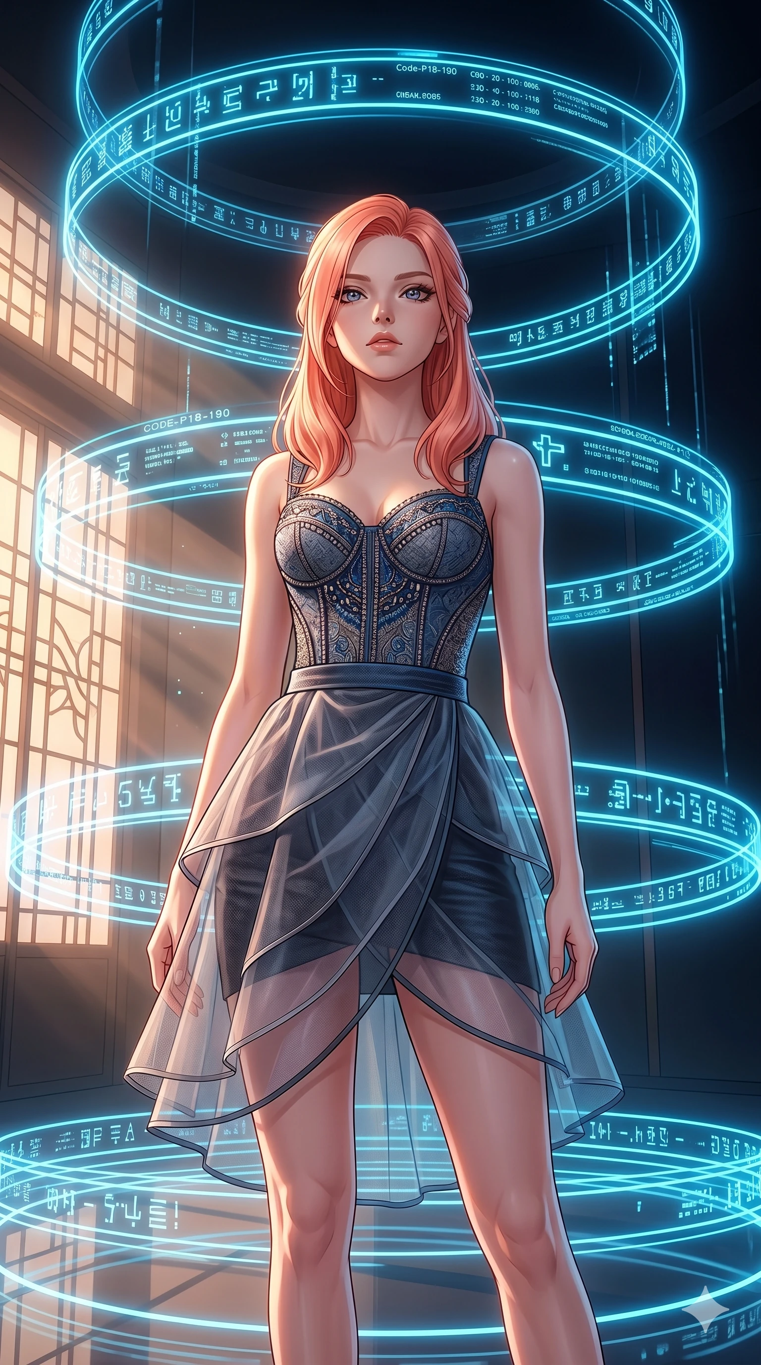 score_9, masterpiece, best quality, ultra-detailed, high-budget anime keyframe, editorial fashion photography, tasteful artistic composition, Japanese woman. cowboy shot from the thighs up, character and outfit filling the frame for maximum editorial presence. tilting her chin up and looking at the camera with quiet self-assurance in a digital void chamber with rotating holographic neon blue rings (Code-P18-190). She has an absolutely perfect 8-heads proportion, an exceptionally tall and slender female figure with impossibly long slender legs and an ultra-slim waist. V-shaped jawline, high-bridge nose, intricate jewel-like eyes with depth, thick eyelashes, glossy lips with a natural sheen. wearing a fine patterned embroidery structured bodice top paired with translucent wrap. soft warm morning sunbeams filtering through the paper screens, casting a gentle glow. 2k, ultra detail, master piece, 9:16 ratio