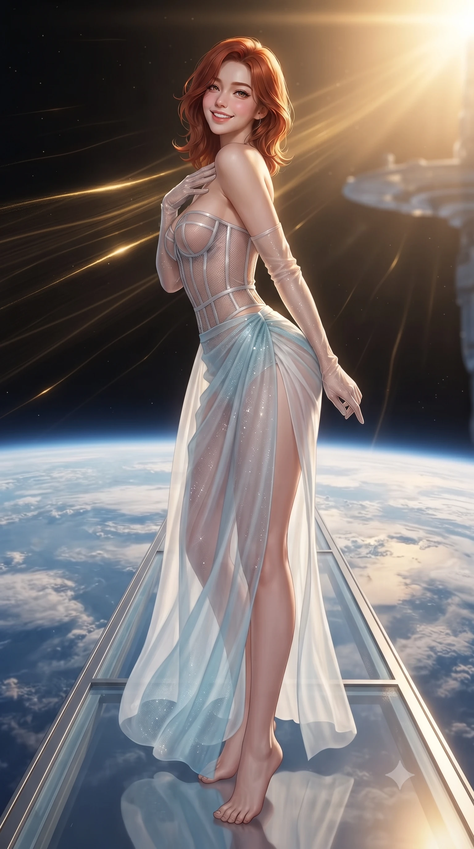 score_9, masterpiece, best quality, ultra-detailed, high-budget anime keyframe, editorial fashion photography, tasteful artistic composition, Korean woman. low angle full-body shot from head to toe showing her feet, filling the entire 9:16 vertical frame with her statuesque presence, stretching her vertical silhouette. posing in a classic haute-couture S-curve stance beside the floor-to-ceiling window, looking over a bare shoulder with magnetic presence while standing poised on the narrow transparent catwalk of the external sensor spire high above Earth, arching her lower back as golden solar wind filaments shimmer past. The background shows a soft-focus solar flare ionization haze softened in orbital spire platform shallow focus. She has an exceptionally tall and slender model-like 8.5-heads proportion, an ultra-slim waist, a flat toned midriff, narrow delicate ribcage, and beautifully sculpted feminine hips creating a graceful, slim hourglass silhouette without any bulky heaviness, with impossibly long slender legs. sharp v-shaped jawline, high-bridge nose, intricate jewel-like sparkling eyes with depth, thick eyelashes, glossy parted lips with a natural peach sheen, bright cheerful beaming smile with an enchanting and coquettish sensual glint, exuding both youthful cute charm and seductive allure, flawlessly proportioned anatomical accuracy, strict slender model proportions, natural body alignment, perfectly sculpted long slender limbs, ultra-slim waistline, clean dynamic posture without body distortion. wearing a provocative translucent mesh corset bodice with boned satin channels paired with a sheer chiffon wrap maxi skirt in arctic cryo-glacier ice blue and platinum white, woven from stretch metallic lurex jersey casting radiant starlight glints across her curves, complemented by sheer opera-length evening gloves tracing her slender arms, the bespoke structured tailoring following the natural line of her 8.5-heads silhouette with refined elegance. bathed in the blinding warm golden 3500K solar radiance filtered through polarizing helmet smart-glass. ultra-reflective glossy finish, specular highlights, rich textural contrasts, high-contrast stereoscopic depth, volumetric dynamic lighting, 2k, ultra detail, master piece, 9:16 ratio