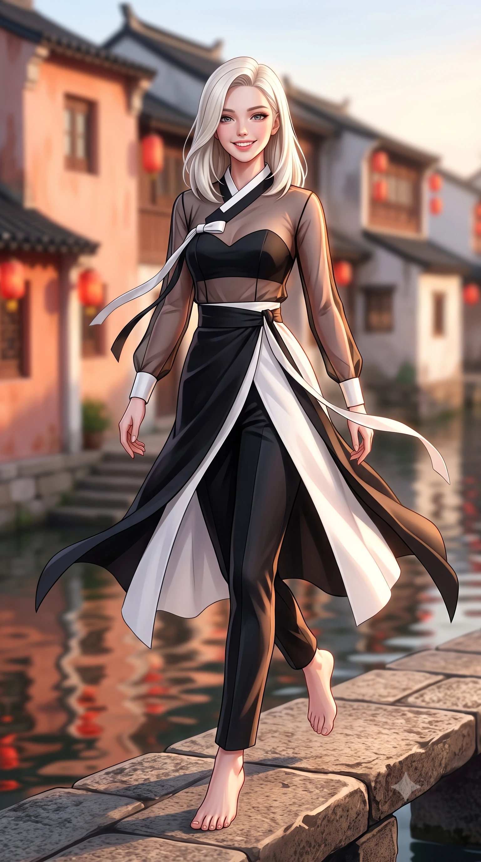 score_9, masterpiece, best quality, ultra-detailed, high-budget anime keyframe, semi-realistic 3D game render, editorial fashion photography, tasteful artistic composition, Caucasian woman. low angle full-body shot from head to toe showing her feet, filling the entire 9:16 vertical frame with her statuesque presence, stretching her vertical silhouette. stepping forward gracefully across the stone bridge in mid-motion with a radiant beaming smile, hips swaying in an alluring kinetic rhythm that accentuates her curvy hourglass silhouette and long slender legs while twisting her slender torso in an alluring S-curve, red lantern reflections and water caustics rippling across her narrow waist and curvy hips. The background shows a soft-focus whitewashed canal houses with black-tiled gables and arched stone packhorse bridges blurred into peach, terracotta, and water-reflection bokeh. She has an absolutely perfect, statuesque 8.5-heads proportion, an exceptionally tall and slender model-like female figure with impossibly long slender legs, an ultra-slim waist, a flat toned midriff, narrow delicate ribcage, and beautifully sculpted feminine hips creating a graceful, slim hourglass silhouette without any bulky heaviness. sharp v-shaped jawline, high-bridge nose, intricate jewel-like dark sparkling almond eyes with depth, thick lashes, glossy parted lips with a natural rose-plum sheen, bright alluring and coquettish smile with bedroom-eyes, exuding both timeless oriental elegance and sovereign high-fashion allure, flawlessly proportioned anatomical accuracy, strict slender model proportions, natural body alignment, perfectly sculpted long slender limbs, ultra-slim waistline, clean dynamic posture without body distortion. wearing a sheer technical mesh and silk hanbok blouse worn over a sculpted sweetheart bustier with high-waisted tailored silk trousers in stark monochrome black and white ink contrast, tailored from fine crisp cotton-linen with clean structural lines, accented with flowing gossamer silk ribbons that flutter dynamically in the evening breeze, the high-waisted wrap tailoring accentuating her ultra-slim waistline and the enchanting curve of her feminine hips with alluring oriental charm. bathed in warm late-afternoon golden hour light reflecting off whitewashed walls and calm waters. highly saturated vibrant anime colors, detailed shading with soft gradients, rich glossy textures, high-contrast stereoscopic depth, volumetric dynamic lighting, master piece, 9:16 ratio