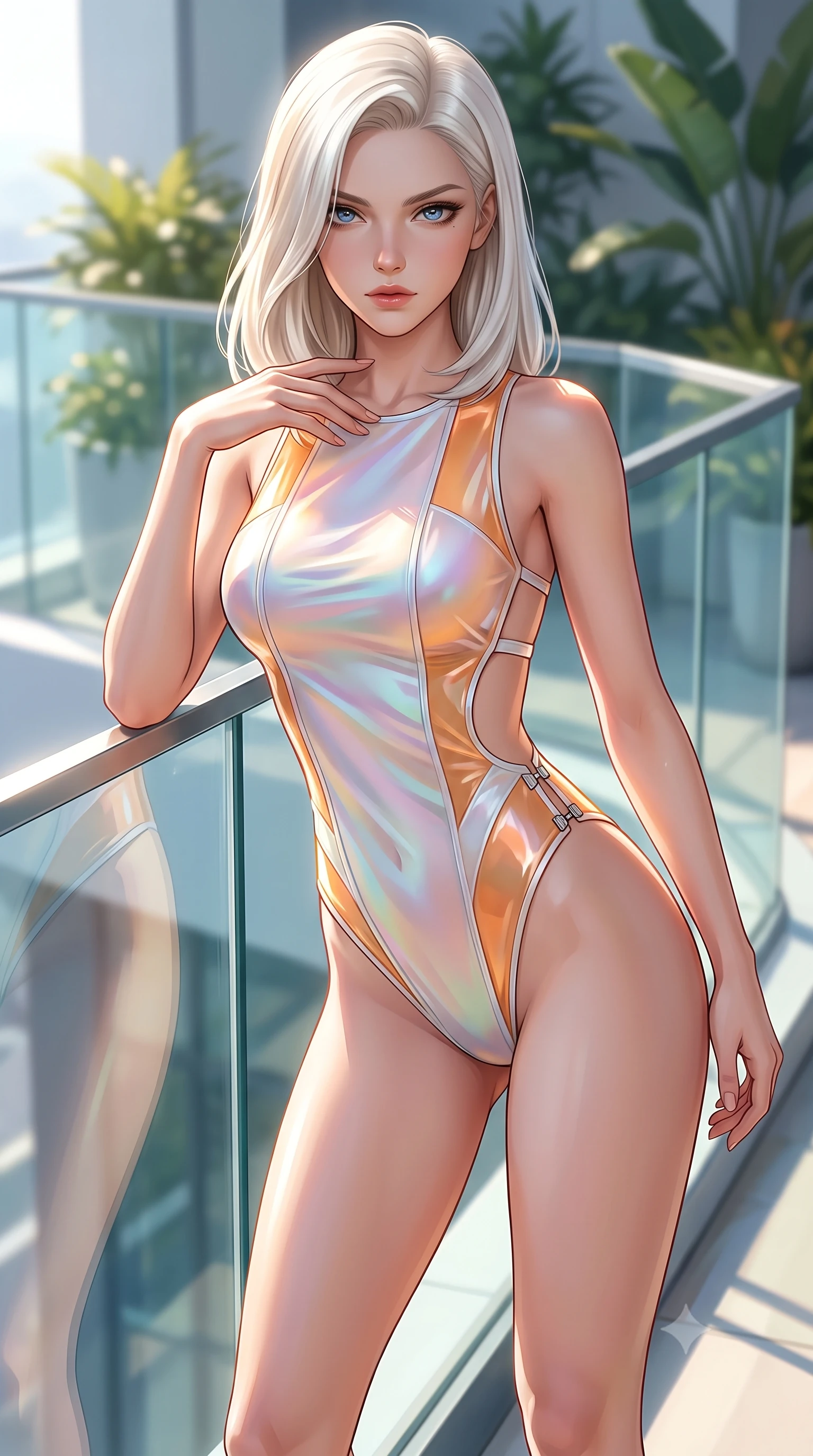 score_9, masterpiece, best quality, ultra-detailed, high-budget anime keyframe, semi-realistic 3D game render, editorial fashion photography, tasteful artistic composition, Caucasian woman. close-up cowboy shot from the waist and thighs up, the character dominates the composition, filling the frame with her large presence. leaning forward with a dangerous, enticing smolder, resting one hand near her collarbone while casting a fiery, magnetic direct gaze while leaning gracefully against a sunlit glass parapet with a magnetic smolder as high-altitude breezes flutter her dress. The composition keeps background elements in soft focus with creamy bokeh. sunlit sky-garden foliage and modern glass railings softened in clean shallow focus. She has an exceptionally elegant, slender, and willowy female figure with an ultra-slim waist, a gracefully sculpted slender torso, toned flat midriff, and a refined slim silhouette. sharp v-shaped jawline, high-bridge nose, intricate jewel-like eyes with depth, thick eyelashes, glossy lips with a natural sheen, flawlessly proportioned anatomical accuracy, strict slender model proportions, natural body alignment, perfectly sculpted long slender limbs, ultra-slim waistline, clean dynamic posture without body distortion. wearing a high-cut translucent vinyl leotard with front paneling, exposed side-rib cutouts, and an open back in vivid sunset amber orange and cloud white, made of smooth iridescent silk chiffon that shifts colors with movement, finished with an ultra-high side slit secured by miniature magnetic clasps, the form-contouring material adhering flawlessly to her sculpted flat midriff and slender torso, emphasizing her long leg lines and perfectly proportioned willowy build. illuminated by crisp specular highlights tracing her sculpted collarbones and waistline. highly saturated vibrant anime colors, detailed shading with soft gradients, rich glossy textures, high-contrast stereoscopic depth, volumetric dynamic lighting, master piece, 9:16 ratio