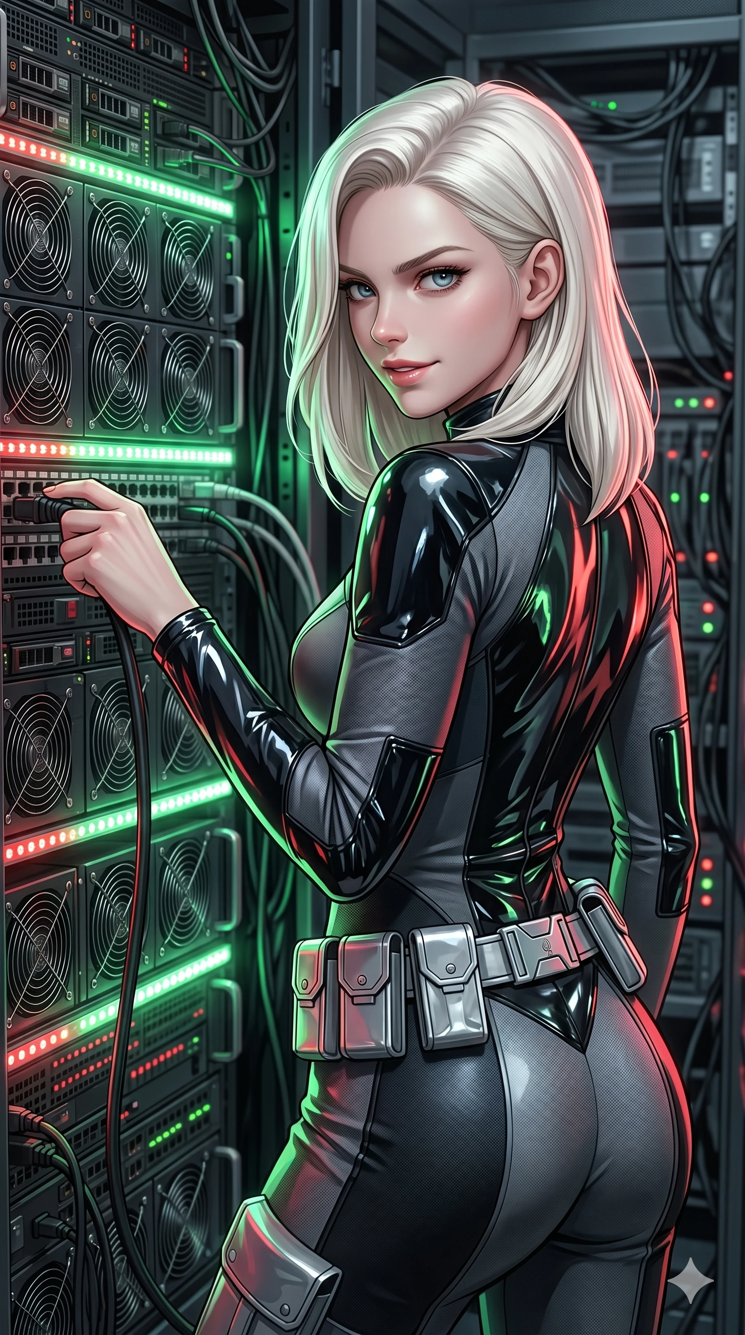 score_9, masterpiece, best quality, ultra-detailed, high-budget anime keyframe, editorial fashion photography, tasteful artistic composition, Caucasian woman, strictly human ears. Upper body close-up from the thighs up, character filling the screen for maximum presence. Inside a server closet, surrounded by cooling fans and cables, plugging in a cable, looking back with an intense, focused smile. She is wearing a form-fitting tech-jumpsuit with glossy vinyl panels and a silver utility belt. The scene is bathed in the green and red blinking lights of the server modules. 2k, ultra detail, master piece, 9:16 ratio