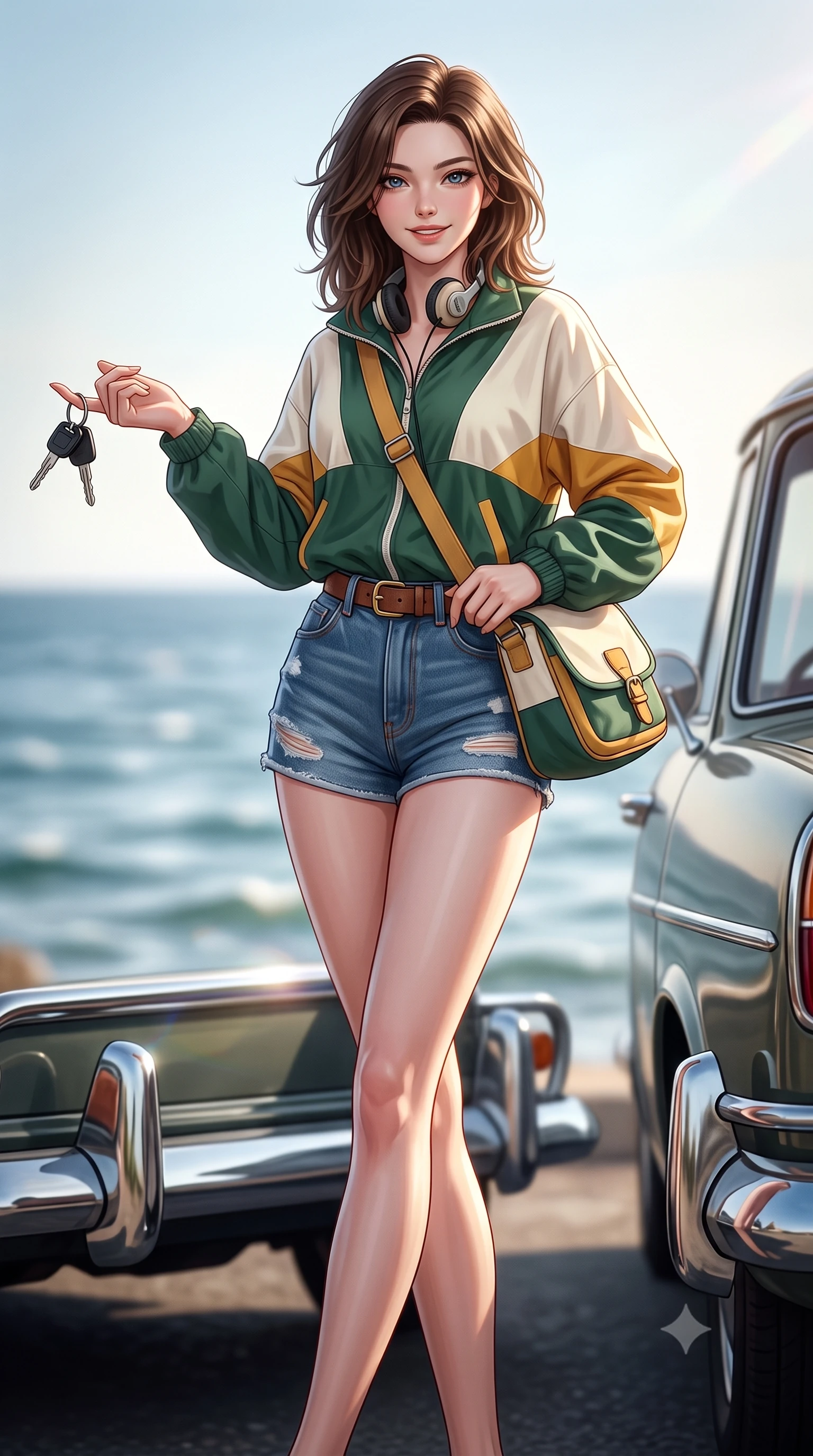 score_9, masterpiece, best quality, ultra-detailed, high-budget anime keyframe, semi-realistic 3D game render, editorial fashion photography, tasteful artistic composition, Korean woman. low angle full-body shot from head to toe showing her feet, filling the entire 9:16 vertical frame with her statuesque presence, stretching her vertical silhouette. pivoting dynamically with supreme athletic balance and poise, her impossibly long slender legs creating a breathtaking line while pivoting dynamically beside the car door with keys swinging from her finger and a confident, carefree retro smile. The composition keeps background elements in soft focus with creamy bokeh. vintage car chrome bumpers and coastal water ripples softened in cinematic shallow focus. She has an absolutely perfect, statuesque 8.5-heads proportion, an exceptionally tall and slender model-like female figure with impossibly long slender legs, a toned flat midriff, and an ultra-slim waist. sharp v-shaped jawline, high-bridge nose, intricate jewel-like eyes with depth, thick eyelashes, glossy lips with a natural sheen, captivating and magnetic expression, flawlessly proportioned anatomical accuracy, strict slender model proportions, natural body alignment, perfectly sculpted long slender limbs, ultra-slim waistline, clean dynamic posture without body distortion. wearing a retro pastel colorblock windbreaker paired with high-waisted denim shorts and a canvas crossbody bag in forest green, cream, and mustard yellow, crafted from distressed supple genuine leather and soft ribbed cotton knit, accessorized with a classic leather belt with brass buckle and retro on-ear foam headphones, the breezy yet form-flattering drape swaying gracefully with her steps, accentuating her long willowy limbs and slim waistline. surrounded by a free-spirited, glamorous, and wonderfully nostalgic midnight road-trip queen aura. highly saturated vibrant anime colors, detailed shading with soft gradients, rich glossy textures, high-contrast stereoscopic depth, volumetric dynamic lighting, master piece, 9:16 ratio