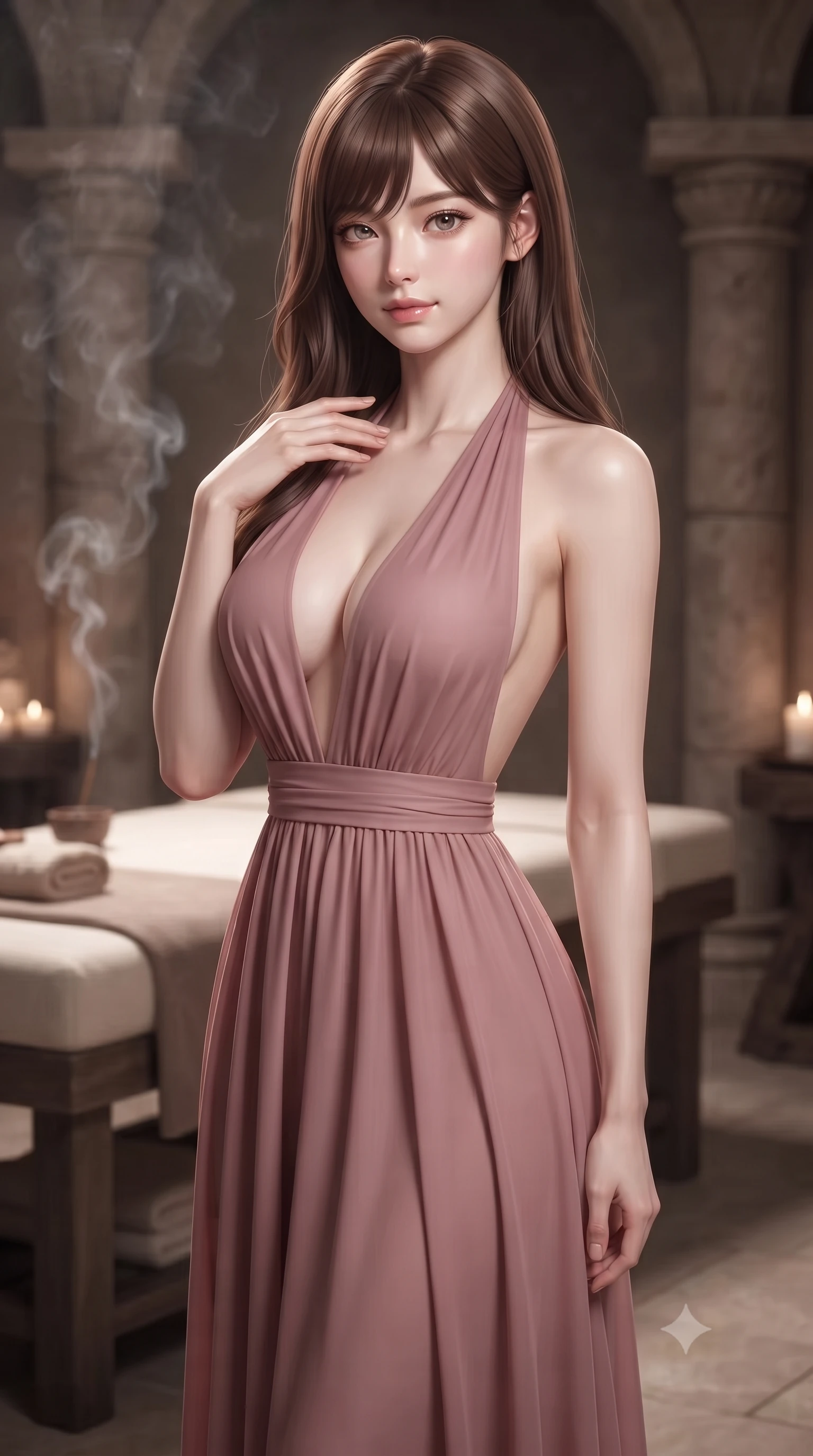 score_9, masterpiece, best quality, ultra-detailed, high-budget anime keyframe, editorial fashion photography, tasteful artistic composition, Korean woman woman. close-up cowboy shot from the waist and thighs up, the character dominates the composition, filling the frame with her large presence, background elements kept in soft focus. standing with one hand resting on her collarbone, looking at the viewer with bedroom-eyes the background shows a soft-focus a private spa suite with a massage table, stone pillars, and soft incense smoke rising. She has an exceptionally elegant, slender, and willowy female figure with an ultra-slim waist, a gracefully sculpted slender torso, and a refined silhouette. sharp v-shaped jawline, high-bridge nose, intricate jewel-like eyes with depth, thick eyelashes, glossy lips with a natural sheen. wearing a body-hugging deep plunging-V neck maxi dress in dusty rose chiffon with a bold halter neck and low-cut back. low-contrast, soft warm ambient uplight casting a peaceful glow. ultra-reflective glossy finish, specular highlights, metallic sheen, high-contrast stereoscopic depth, volumetric dynamic lighting, 2k, ultra detail, master piece, 9:16 ratio