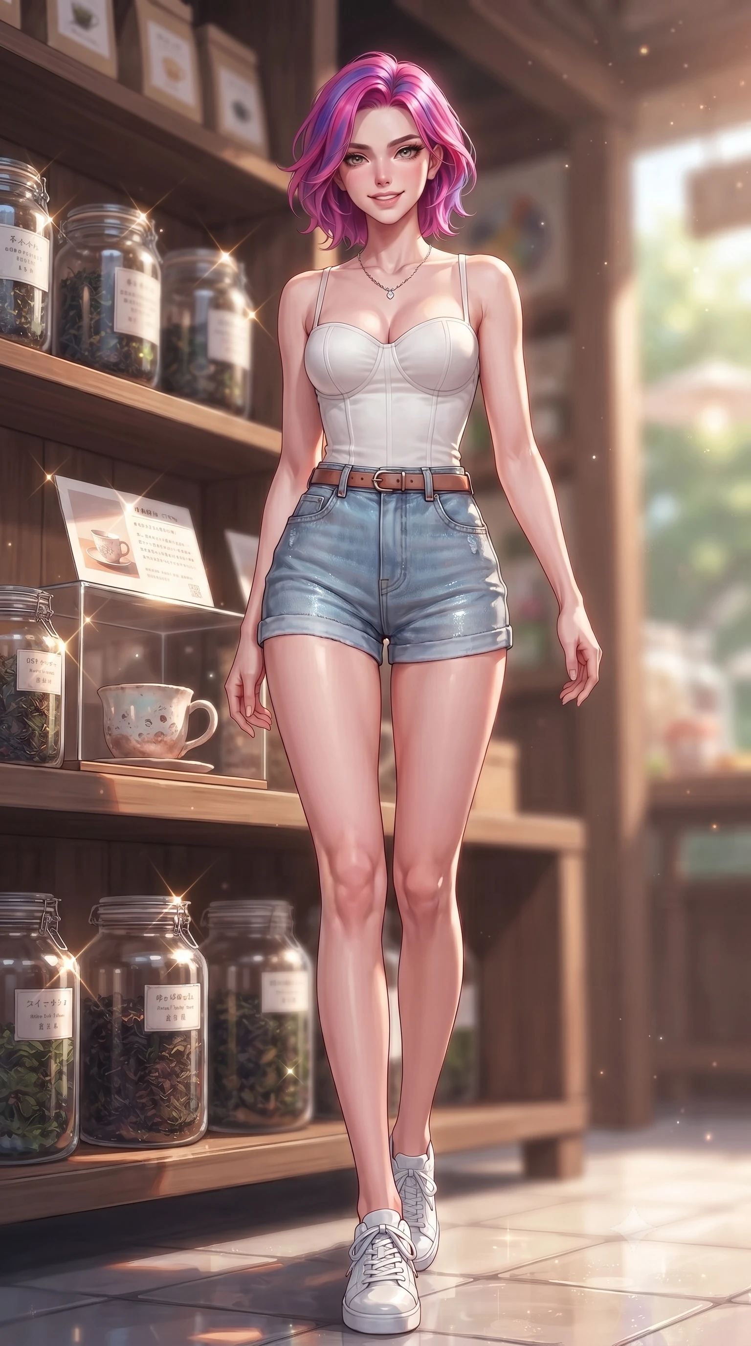 score_9, masterpiece, best quality, ultra-detailed, high-budget anime keyframe, editorial fashion photography, tasteful artistic composition, Caucasian woman. low angle full-body shot from head to toe showing her feet, filling the entire 9:16 vertical frame with her statuesque presence, stretching her vertical silhouette. stepping forward with an alluring, magnetic smile, her graceful posture highlighting her statuesque silhouette set against a soft-focus background of outside a cozy tea shop with jars of tea leaves displayed on wooden shelves holding a delicate handmade ceramic mug with a warm grin. She has an absolutely perfect, statuesque 8.5-heads proportion, an exceptionally tall and slender model-like female figure with impossibly long slender legs and an ultra-slim waist. sharp v-shaped jawline, high-bridge nose, intricate jewel-like eyes with depth, thick eyelashes, glossy lips with a natural sheen. wearing body-hugging tailored cotton bustier top paired with high-waist denim shorts. bright daylight reflecting off the display cases, creating sparkling glints. highly saturated vibrant anime colors, detailed shading with soft gradients, rich glossy textures, high-contrast stereoscopic depth, volumetric dynamic lighting, master piece, 9:16 ratio