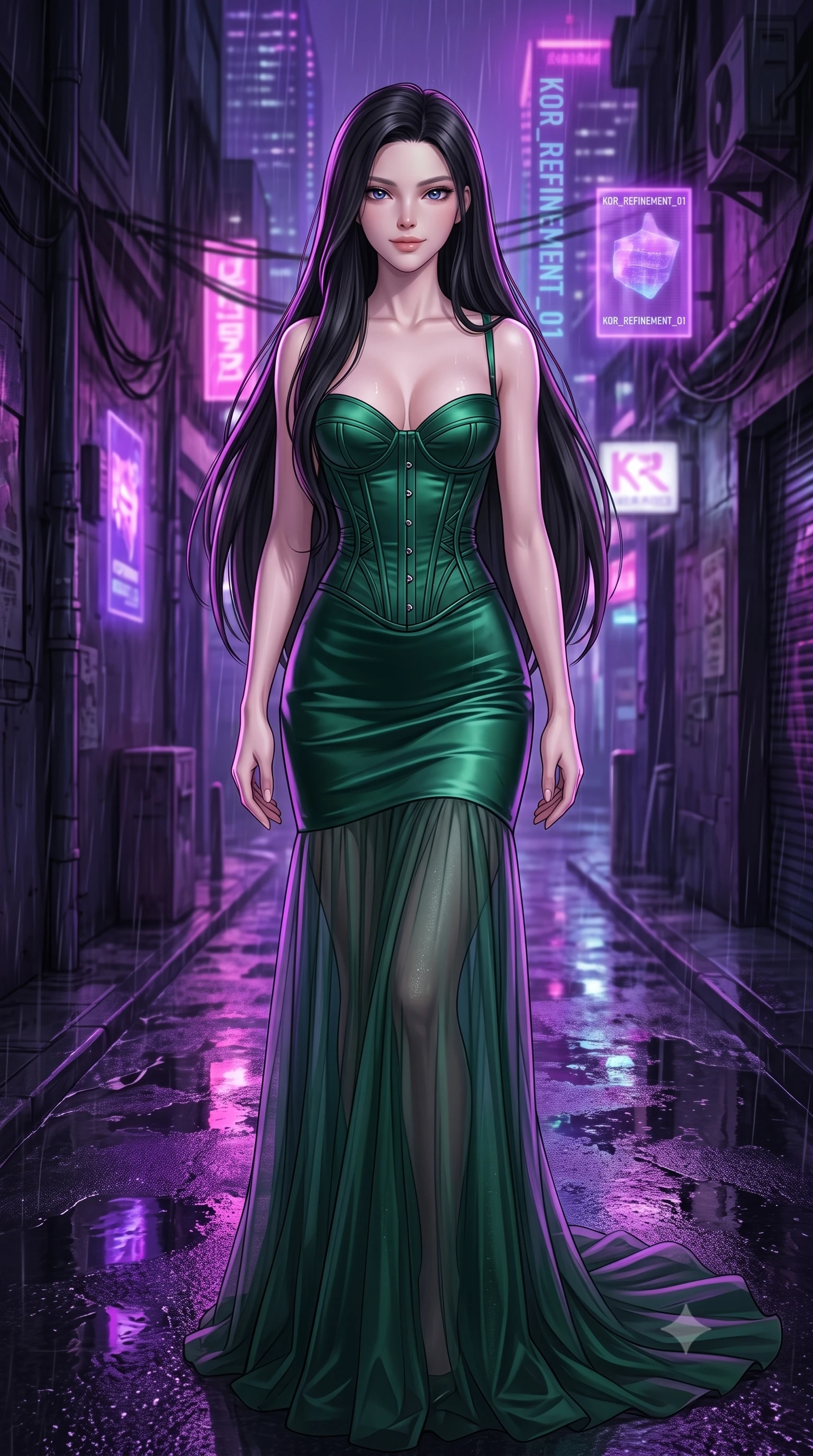 score_9, masterpiece, best quality, ultra-detailed, high-budget anime keyframe, editorial fashion photography, tasteful artistic composition, Korean woman. close-up cowboy shot from the waist and thighs up, the character dominates the composition, filling the frame with her large presence, background elements kept in soft focus. Gently tilting her head with a serene, peaceful smile of quiet happiness. set against a soft-focus background of in a narrow alleyway at night during a rainstorm, with wet concrete reflecting the purple neon of nearby skyscrapers and floating holographic ads. She has an exceptionally elegant, slender, and willowy female figure with a highly-defined ultra-slim waist, a gracefully sculpted slender torso, and a refined slim-fit silhouette that contours her form. sharp v-shaped jawline, high-bridge nose, intricate jewel-like eyes with depth, thick eyelashes, glossy lips with a natural sheen. wearing a corset-topped gown with visible structured boning in emerald green satin, paired with a floor-length sheer tulle skirt. saturated purple and pink neon light reflecting off the wet asphalt, creating sharp colorful specular highlights. 2k, ultra detail, master piece, 9:16 ratio