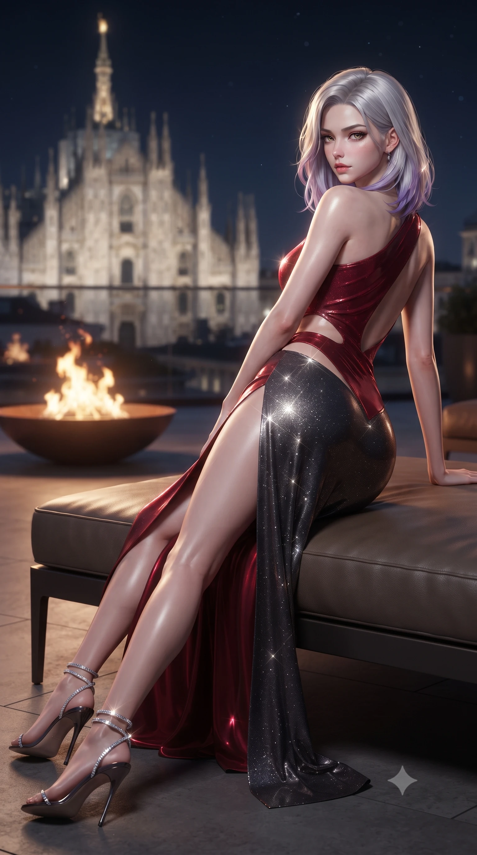 score_9, masterpiece, best quality, ultra-detailed, high-budget anime keyframe, editorial fashion photography, tasteful artistic composition, Caucasian woman. low angle full-body shot from head to toe showing her feet, filling the entire 9:16 vertical frame with her statuesque presence, stretching her vertical silhouette. walking along the terrace with poise, looking back over her bare shoulder with an irresistible smoldering bedroom-gaze while lounging across the low-profile designer leather daybed propped on one elbow, her flat midriff commanding the historic Milan skyline. The background shows a soft-focus bronze fire bowl flames softened in high-fashion metropolitan terrace shallow focus. She has an absolutely perfect, statuesque 8.5-heads proportion, an exceptionally tall and slender model-like female figure with impossibly long slender legs, an ultra-slim waist, a flat toned midriff, narrow delicate ribcage, and beautifully sculpted feminine hips creating a graceful, slim hourglass silhouette without any bulky heaviness. sharp v-shaped jawline, high-bridge nose, sparkling eyes with hypnotic seductive depth, thick curled eyelashes, glossy parted lips with a natural dewy peach sheen, alluring bedroom-eyes with an enchanting coquettish smile, exuding magnetic siren charisma and sophisticated glamour, flawlessly proportioned anatomical accuracy, strict slender model proportions, natural body alignment, perfectly sculpted long slender limbs, ultra-slim waistline, clean dynamic posture without body distortion. wearing an asymmetric one-shoulder liquid jersey gown with dramatic hip-high slit and sculptural waist cutout in rich cherry lacquer and smoky charcoal, woven from stretch metallic lurex jersey casting radiant starlight glints across her silhouette, complemented by strappy stiletto sandals with crystal ankle wraps accentuating her slender calves, the precision-cut side openings and low-back scoop framing her graceful spine and the sensual sweep of her slim, toned hips. bathed in the warm dancing glow of the bronze fire table paired with cool starlight and Duomo floodlights. ultra-reflective glossy finish, specular highlights, rich textural contrasts, high-contrast stereoscopic depth, volumetric dynamic lighting, 2k, ultra detail, master piece, 9:16 ratio