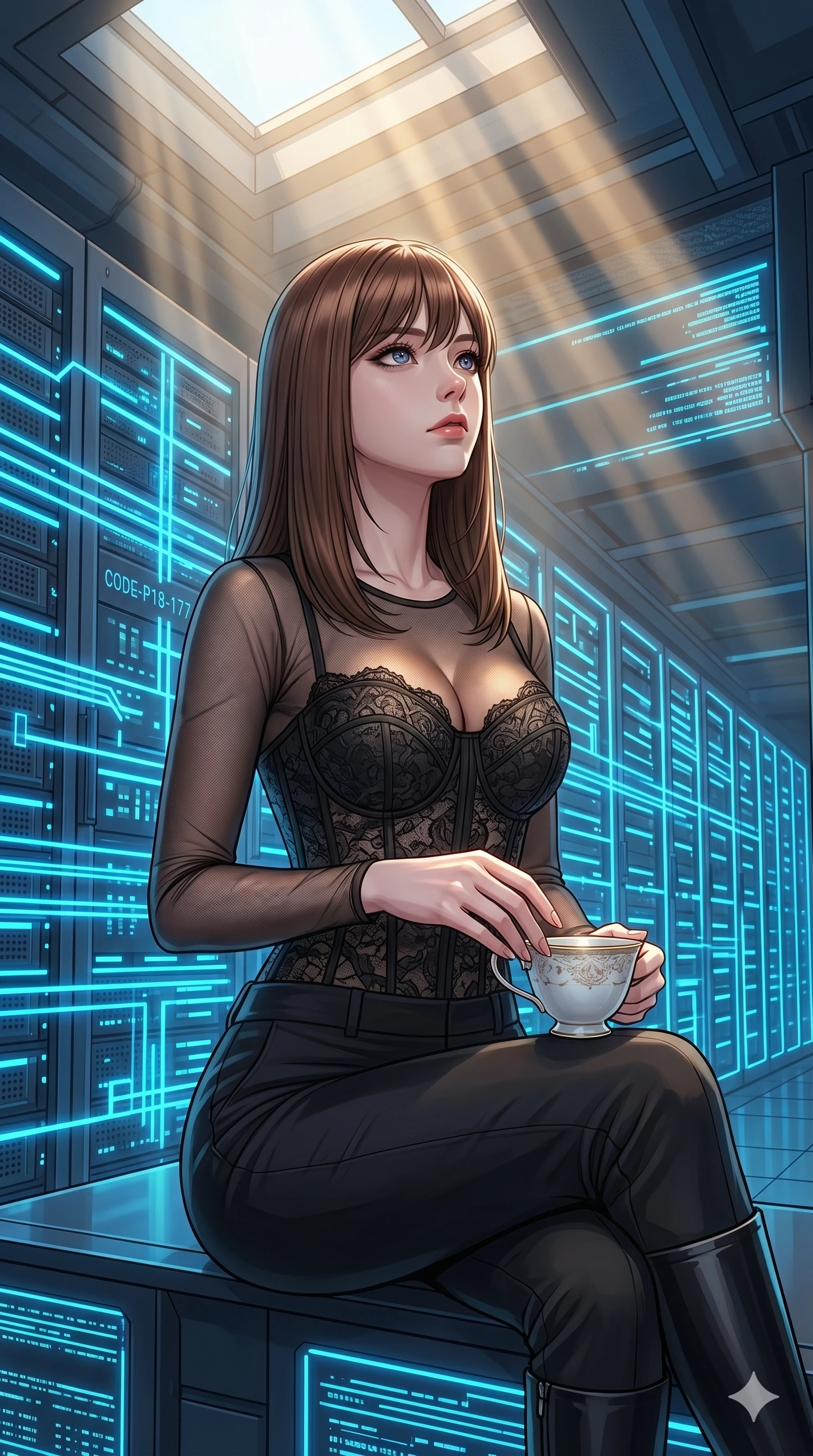 score_9, masterpiece, best quality, ultra-detailed, high-budget anime keyframe, editorial fashion photography, tasteful artistic composition, Korean woman. cowboy shot from the thighs up, character and outfit filling the frame for maximum editorial presence. resting her fingers on a porcelain tea cup, looking up inside a digital server room with rows of pulsing neon blue light lines (Code-P18-177). She has an absolutely perfect 8-heads proportion, an exceptionally tall and slender female figure with impossibly long slender legs and an ultra-slim waist. V-shaped jawline, high-bridge nose, intricate jewel-like eyes with depth, thick eyelashes, glossy lips with a natural sheen. wearing a structured lace corset with sweetheart neckline showing cleavage. soft morning sunbeams filtering through the skylight, highlighting her high-bridge nose. 2k, ultra detail, master piece, 9:16 ratio