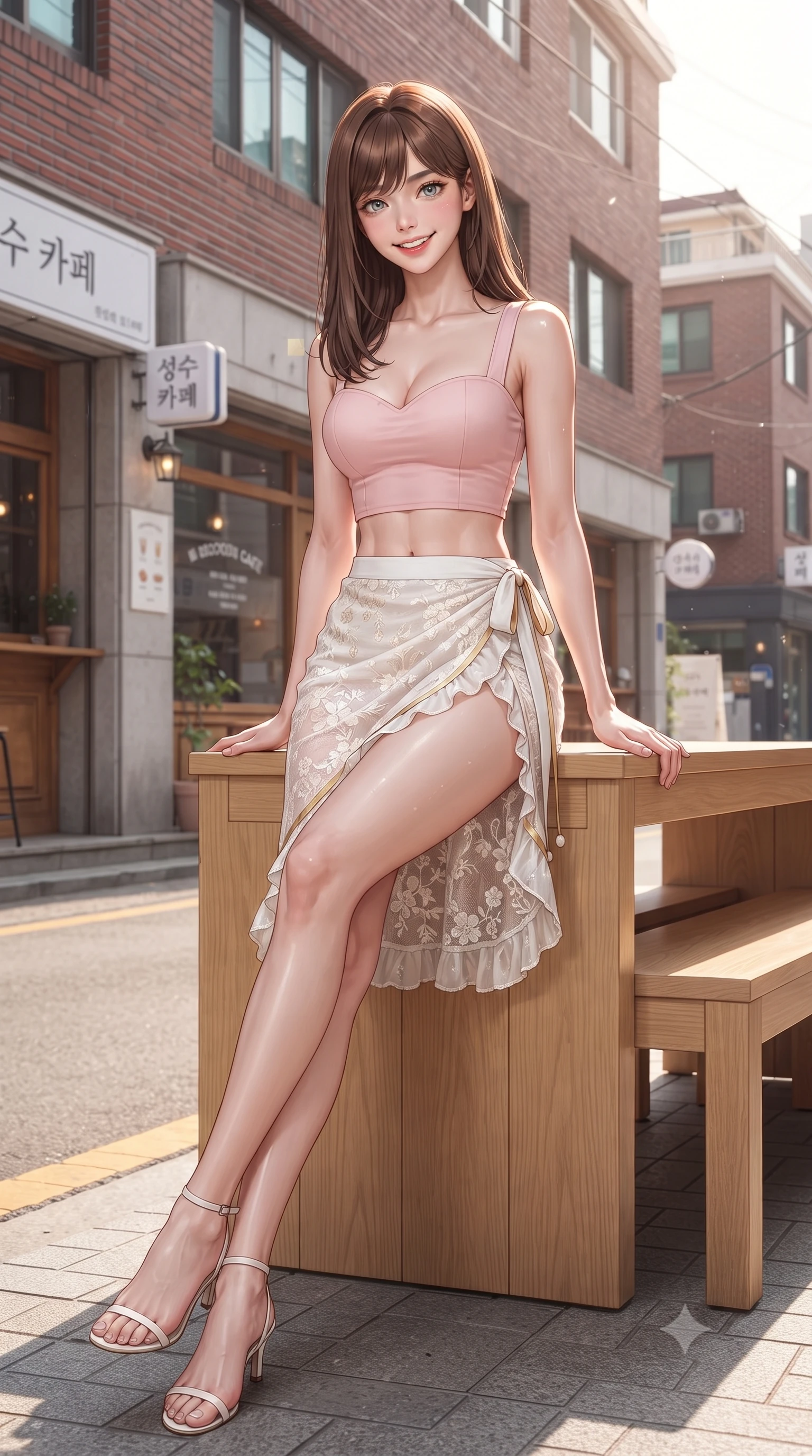 score_9, masterpiece, best quality, ultra-detailed, high-budget anime keyframe, editorial fashion photography, tasteful artistic composition, Korean woman. low angle full-body shot from head to toe showing her feet, filling the entire 9:16 vertical frame with her statuesque presence, stretching her vertical silhouette. sitting perched on the elevated edge with legs crossed and hips angled toward the camera, displaying her toned midriff and long slender limbs with a joyful, coquettish smile while sitting gracefully on a light oak outdoor bench outside a red-brick Seongsu cafe, leaning forward with a cheerful beaming smile and playful coquettish eyes. The surrounding environment is rendered in vivid detail and crisp panoramic clarity. detailed fabric drape, sunlight glints on skin, and Seongsu street architecture clarity in high resolution. She has an exceptionally tall and slender model-like 8.5-heads proportion, an ultra-slim waist, a flat toned midriff, narrow delicate ribcage, and beautifully sculpted feminine hips creating a graceful, slim hourglass silhouette without any bulky heaviness, with impossibly long slender legs. sharp v-shaped jawline, high-bridge nose, intricate jewel-like sparkling eyes with depth, thick eyelashes, glossy parted lips with a natural peach sheen, bright cheerful beaming smile with an enchanting and coquettish sensual glint, exuding both youthful cute charm and seductive allure, flawlessly proportioned anatomical accuracy, strict slender model proportions, natural body alignment, perfectly sculpted long slender limbs, ultra-slim waistline, clean dynamic posture without body distortion. wearing a sweetheart-neckline baby-pink crop top with a high-slit wrap mini skirt accentuating her waist-to-hip curve in pure alabaster white and sun-kissed gold, made of sheer contouring stretch lace with delicate floral patterns, finished with subtle ruffle trims and delicate pearl buttons, the glove-like silhouette tightly following the natural contour of her hips and long slender legs with youthful 8.5-heads elegance. bathed in crisp clear morning key light and soft warm cafe terrace ambient fill. ultra-reflective glossy finish, specular highlights, rich textural contrasts, high-contrast stereoscopic depth, volumetric dynamic lighting, 2k, ultra detail, master piece, 9:16 ratio