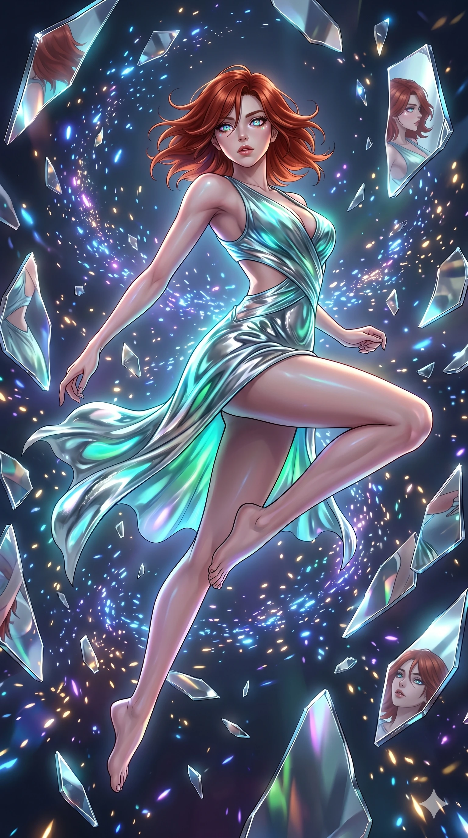 score_9, masterpiece, best quality, ultra-detailed, Set A: High-budget Anime Keyframe, Korean woman. Low angle cowboy shot filling the entire 9:16 frame with her statuesque presence. Leaping through a dimension of floating mirrors, while her eyes glow with 280 different colors and surrounded by glowing energy sparks. She has an absolutely perfect 8-heads proportion, an exceptionally tall and slender female figure with impossibly long slender legs and an ultra-slim waist. Sharp v-shaped jawline, high-bridge nose, intricate jewel-like eyes with depth, thick eyelashes, glossy lips with a natural sheen. Wearing Bioluminescent silk wrap dress with strategic side cut-outs and liquid mercury textures. Cinematic lighting, vibrant colors, dramatic shadows, 2k, ultra detail, master piece, 9:16 ratio