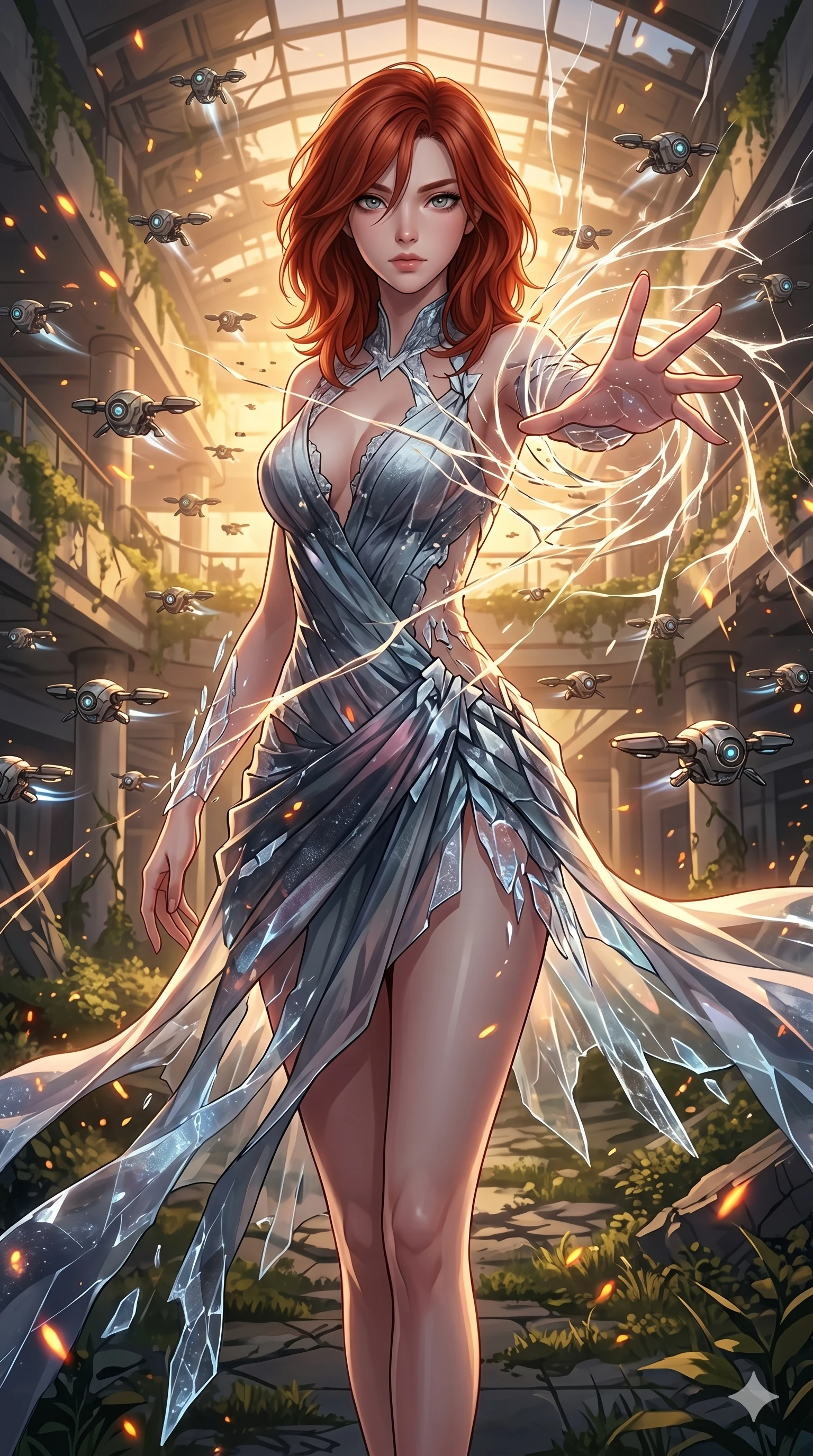 score_9, masterpiece, best quality, ultra-detailed, Set A: High-budget Anime Keyframe, Korean woman. Upper body close-up from the thighs up, character filling the screen for maximum presence. Theme: Ethereal Dream. shattering the fabric of reality in a ruined overgrown shopping mall, surrounded by 189 hovering guardian drones. The atmosphere is filled with golden hour with floating embers. She has an absolutely perfect 8-heads proportion, an exceptionally tall and slender female figure with impossibly long slender legs and an ultra-slim waist. Sharp v-shaped jawline, high-bridge nose, intricate jewel-like eyes with depth, glossy lips. Wearing Shattered-dimension dress where parts of the fabric seem to phase in and out. Cinematic lighting, vivid colors, dramatic shadows, 2k, ultra detail, master piece, 9:16 ratio