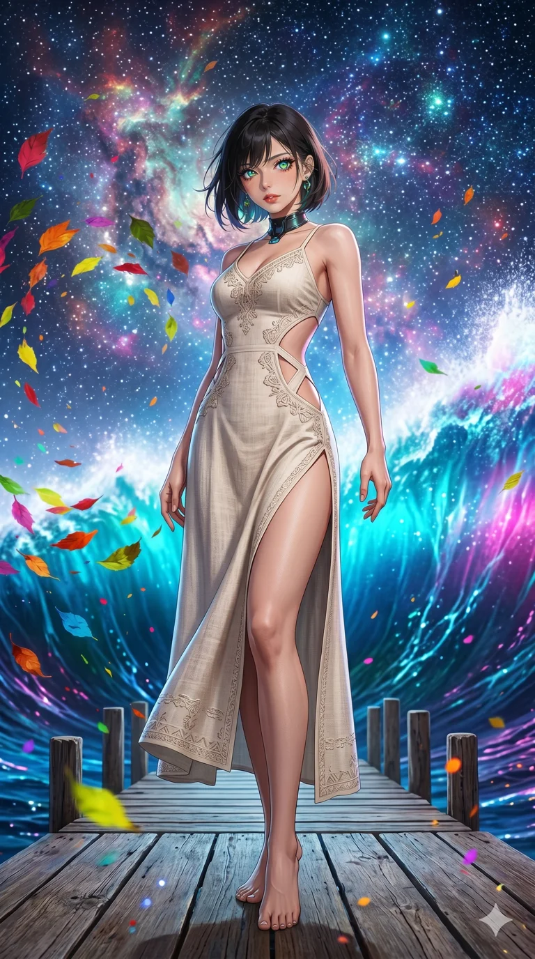 첨부의 캐릭터 얼굴만 유지해, score_9, masterpiece, best quality, ultra-detailed, Set A: Photorealistic 8k CG, Japanese woman. Low angle cowboy shot filling the entire 9:16 frame with her statuesque presence. Standing on a pier as a giant wave of light crashes behind her. She has an absolutely perfect 8-heads proportion, an exceptionally tall and slender female figure with elegant long slender legs and an slender waist. Sharp v-shaped jawline, high-bridge nose, intricate jewel-like eyes with depth, thick eyelashes, glossy lips. Wearing a Seasonal/Resort outfit: linen sundress with side cut-outs and a high side slit. Background is a bright and colorful starry sea with a glowing blue wave and nebula sky. 2k, ultra detail, master piece, 9:16 ratio