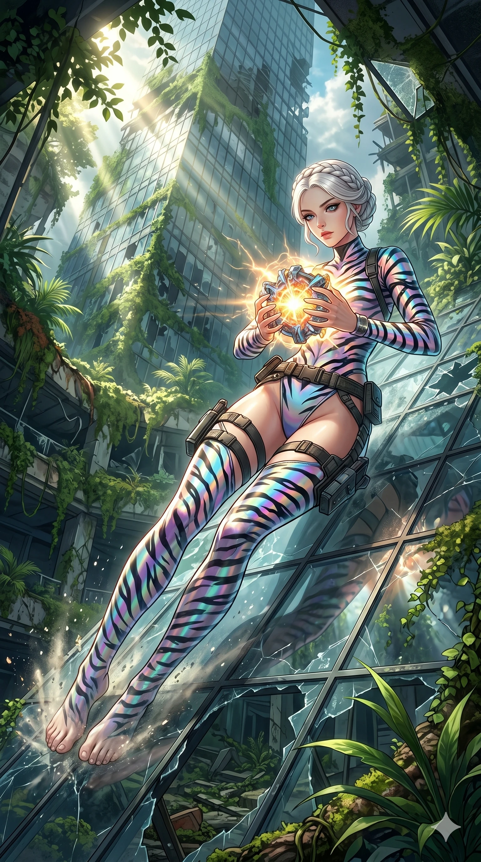 score_9, masterpiece, best quality, ultra-detailed, Set A: High-budget Anime Keyframe, Japanese woman. Low angle cowboy shot filling the entire 9:16 frame with her statuesque presence. Theme: Ethereal Dream. sliding down a glass skyscraper in a ruined overgrown shopping mall, holding a glowing core that hums with the power of 282 suns. The atmosphere is filled with cinematic sunlight through leaves. She has an absolutely perfect 8-heads proportion, an exceptionally tall and slender female figure with impossibly long slender legs and an ultra-slim waist. Sharp v-shaped jawline, high-bridge nose, intricate jewel-like eyes with depth, glossy lips. Wearing Holographic tiger-stripe bodysuit with a high-cut leg line and tactical belts. Cinematic lighting, vivid colors, dramatic shadows, 2k, ultra detail, master piece, 9:16 ratio