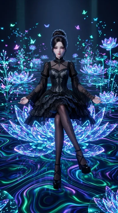 score_9, masterpiece, best quality, ultra-detailed, Semi-realistic 3D Game Render, high-fidelity character model, intricate textures, dynamic particle effects, Unreal Engine 5 aesthetic, crisp 3D depth, Japanese woman with delicate and elegant anime-