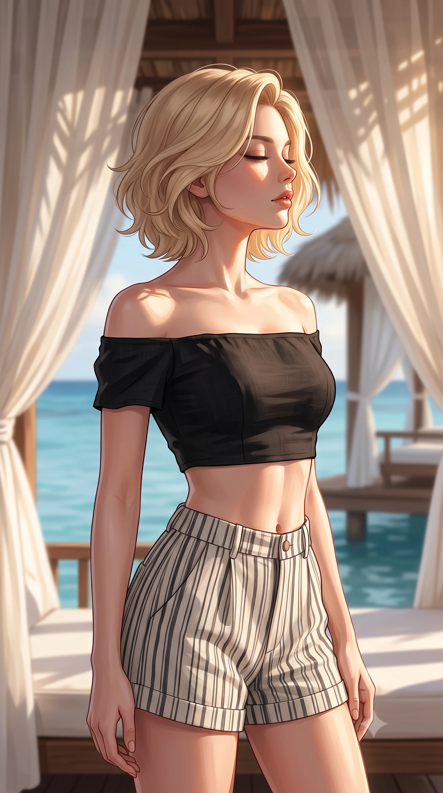 score_9, masterpiece, best quality, ultra-detailed, high-budget anime keyframe, editorial fashion photography, tasteful artistic composition, Caucasian woman woman. close-up cowboy shot from the waist and thighs up, the character dominates the composition, filling the frame with her large presence, background elements kept in soft focus. turning her face in profile to catch the warm sunlight on her cheek, eyes softly closed the background shows a soft-focus a luxury beach cabana with flowing white curtains, overlooking a serene blue lagoon. She has an exceptionally elegant, slender, and willowy female figure with an ultra-slim waist, a gracefully sculpted slender torso, and a refined silhouette. sharp v-shaped jawline, high-bridge nose, intricate jewel-like eyes with depth, thick eyelashes, glossy lips with a natural sheen. wearing a tailored chic off-shoulder crop top in black linen, paired with high-waisted striped resort shorts. dappled sunlight filtering through the cabana roof and drapes. 2k, ultra detail, master piece, 9:16 ratio