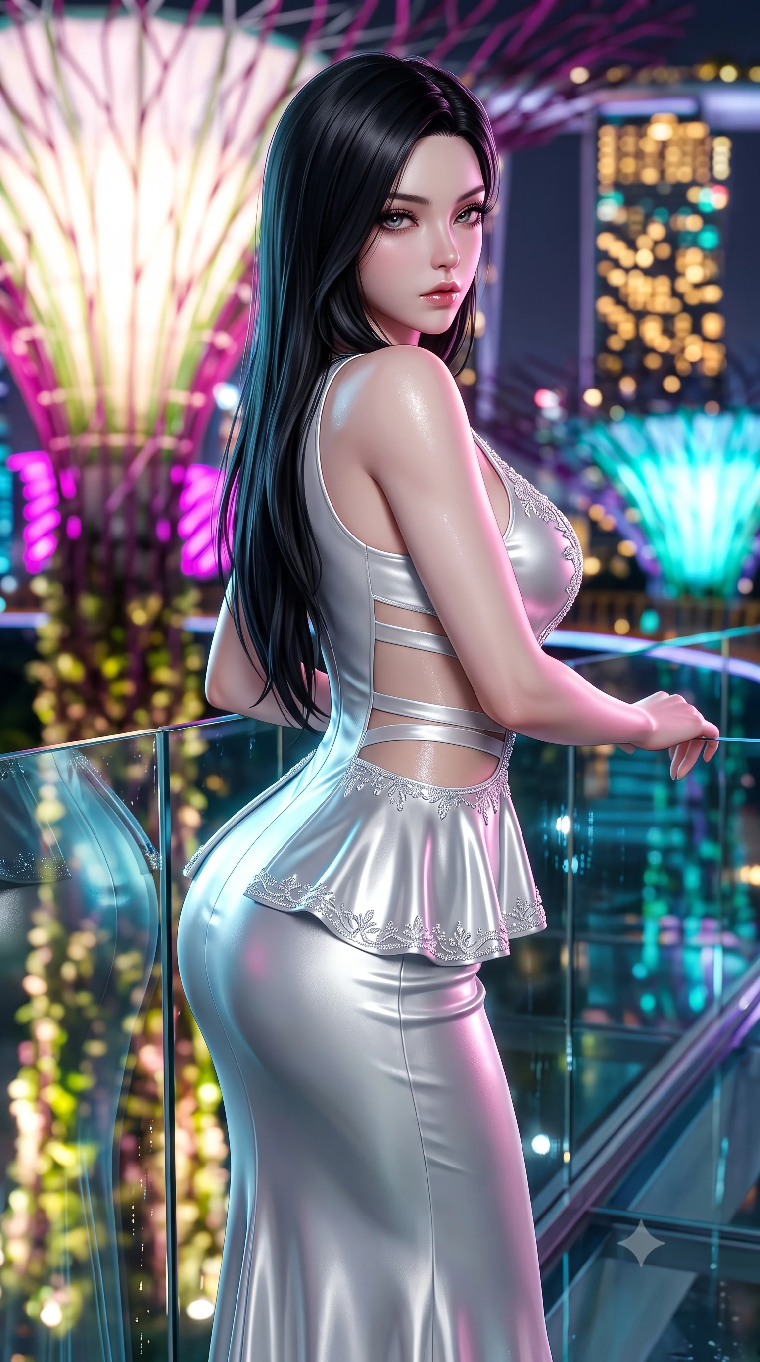 score_9, masterpiece, best quality, ultra-detailed, high-budget anime keyframe, semi-realistic 3D game render, editorial fashion photography, tasteful artistic composition, Korean woman. close-up cowboy shot from the waist and thighs up, the character dominates the composition, filling the frame with her large presence. leaning back with relaxed seductive grace, her sculpted collarbones and narrow waist highlighted as she casts smoldering bedroom-eyes directly into the camera while leaning forward over the transparent skyway glass railing with hips cocked back, looking back over her shoulder as glowing supertree branches illuminate her curvy hips. The composition keeps background elements in soft focus with creamy bokeh. giant illuminated supertree bio-domes and Marina Bay Sands towers blurred into electric magenta, turquoise, and gold bokeh. She has an exceptionally elegant, slender, and willowy female figure with an ultra-slim waist, flat toned midriff, narrow ribcage, and sculpted feminine hips creating an alluring, slim hourglass silhouette without bulk. sharp v-shaped jawline, high-bridge nose, intricate jewel-like eyes with depth, thick eyelashes, glossy parted lips with a natural sheen, intensely captivating and seductive bedroom-eyes expression, flawlessly proportioned anatomical accuracy, strict slender model proportions, natural body alignment, perfectly sculpted long slender limbs, ultra-slim waistline, clean dynamic posture without body distortion. wearing a structural geometric peplum gown with sheer side-ribbon cutouts and form-fitting skirt in shimmering silver mercury and pearl white, tailored from liquid silk jersey adhering flawlessly to her slender build, finished with delicate crystal frost embroidery tracing the plunging neckline, the precision-cut side openings and low-back scoop framing her graceful spine and the sensual sweep of her slim, toned hips. illuminated by wet specular glass bounce lights sculpting her toned waistline, slender spine, and feminine hips. highly saturated vibrant anime colors, detailed shading with soft gradients, rich glossy textures, high-contrast stereoscopic depth, volumetric dynamic lighting, master piece, 9:16 ratio