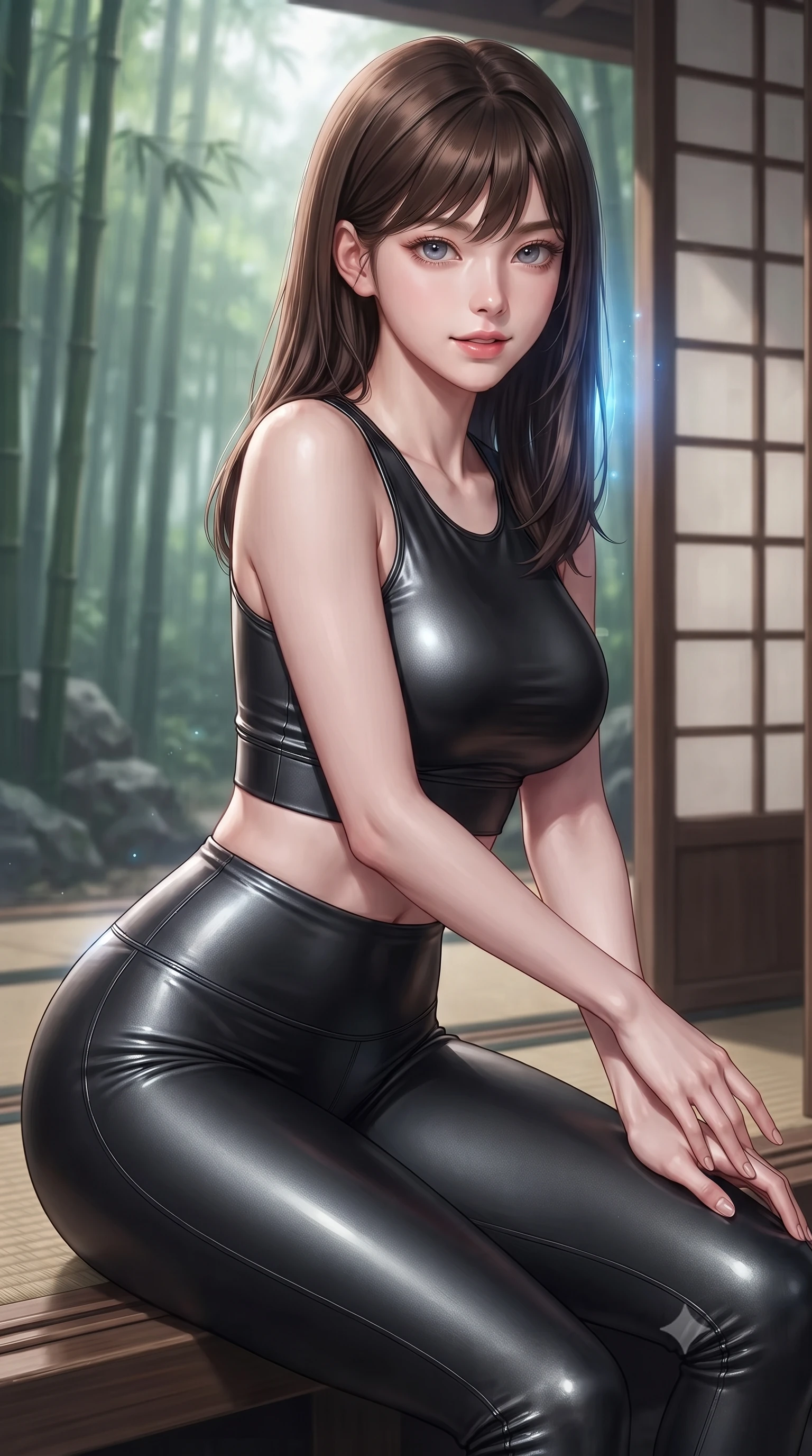 score_9, masterpiece, best quality, ultra-detailed, high-budget anime keyframe, editorial fashion photography, tasteful artistic composition, Korean woman. close-up cowboy shot from the waist and thighs up, the character dominates the composition, filling the frame with her large presence, background elements kept in soft focus. leaning slightly forward with a playful, teasing smile, her gaze locked onto the viewer with lips parted in a composed pose, the background shows a soft-focus a bamboo forest veranda made of polished wood and sliding screens. She has an exceptionally elegant, slender, and willowy female figure with an ultra-slim waist, a gracefully sculpted slender torso, and a refined silhouette. sharp v-shaped jawline, high-bridge nose, intricate jewel-like eyes with depth, thick eyelashes, glossy lips with a natural sheen. wearing a body-hugging form-fitting athletic crop top and matching high-waisted compression leggings in sleek carbon-black tech fabric. soft blue light radiating from digital rocks onto her refined profile. ultra-reflective glossy finish, specular highlights, metallic sheen, high-contrast stereoscopic depth, volumetric dynamic lighting, 2k, ultra detail, master piece, 9:16 ratio