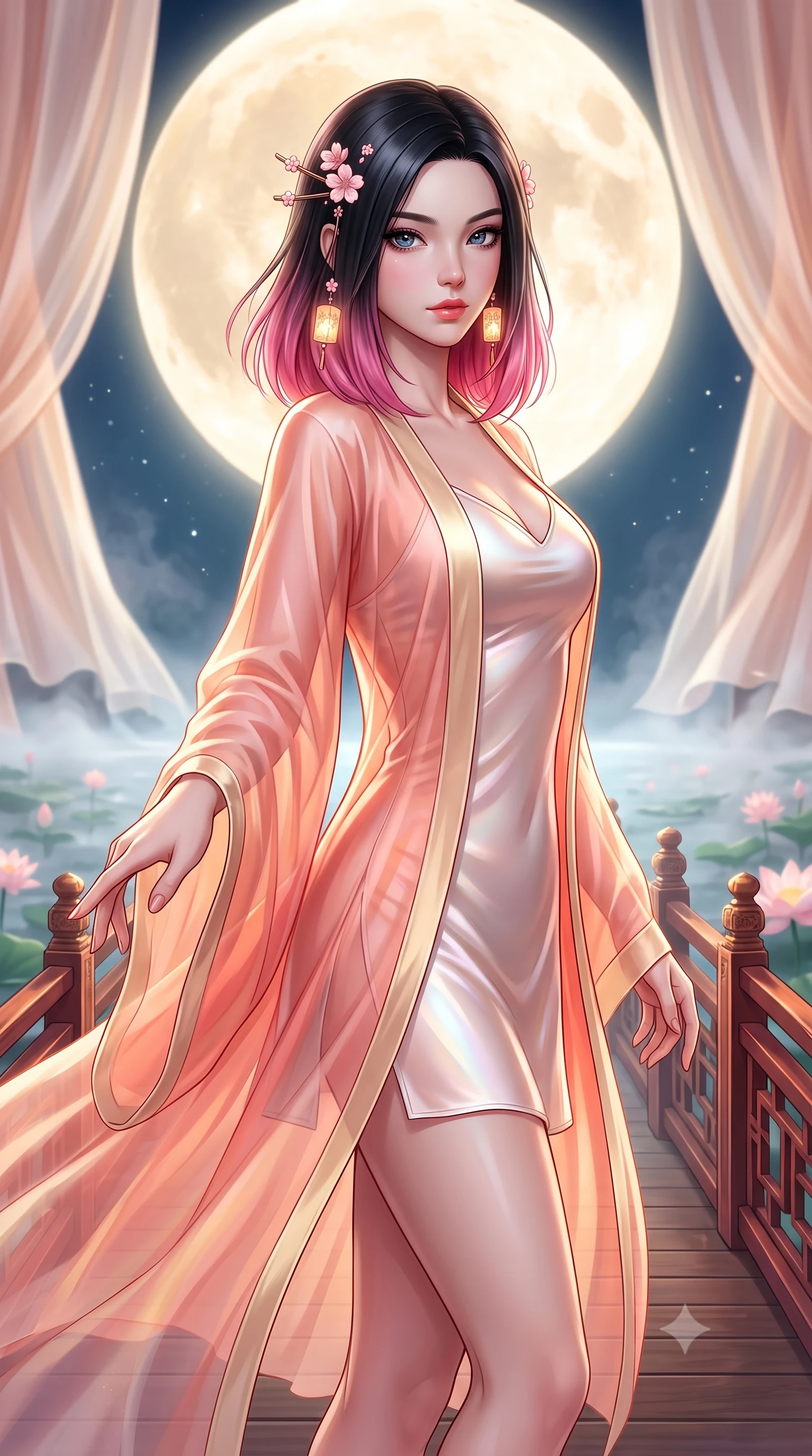 score_9, masterpiece, best quality, ultra-detailed, high-budget anime keyframe, semi-realistic 3D game render, editorial fashion photography, tasteful artistic composition, Korean woman. close-up cowboy shot from the waist and thighs up, the character dominates the composition, filling the frame with her large presence. extending one slender arm gracefully toward the foreground while casting an affectionate, mesmerizing glance while standing poised on an ornate lacquered wooden bridge over a mist-covered lotus pond beneath a colossal glowing full moon. The composition keeps background elements in soft focus with creamy bokeh. billowing silk pavilion drapes and water mist layers softened in dreamy atmospheric depth of field. She has an exceptionally elegant, slender, and willowy female figure with an ultra-slim waist, a gracefully sculpted slender torso, toned flat midriff, and a refined slim silhouette. sharp v-shaped jawline, high-bridge nose, intricate jewel-like eyes with depth, thick eyelashes, glossy lips with a natural sheen, captivating and magnetic expression, flawlessly proportioned anatomical accuracy, strict slender model proportions, natural body alignment, perfectly sculpted long slender limbs, ultra-slim waistline, clean dynamic posture without body distortion. wearing an ethereal moon-goddess gossamer robe worn over a form-contouring pearlescent silk slip in sunrise coral and champagne gold, crafted from weightless prism organza that refracts light with every motion, accessorized with delicate cherry blossom hairpins and glowing paper lantern charms, the breezy yet form-flattering drape swaying gracefully with her steps, accentuating her long willowy limbs and slim waistline. surrounded by an otherworldly, sacred, and breathtakingly pure moon goddess aura. highly saturated vibrant anime colors, detailed shading with soft gradients, rich glossy textures, high-contrast stereoscopic depth, volumetric dynamic lighting, master piece, 9:16 ratio
