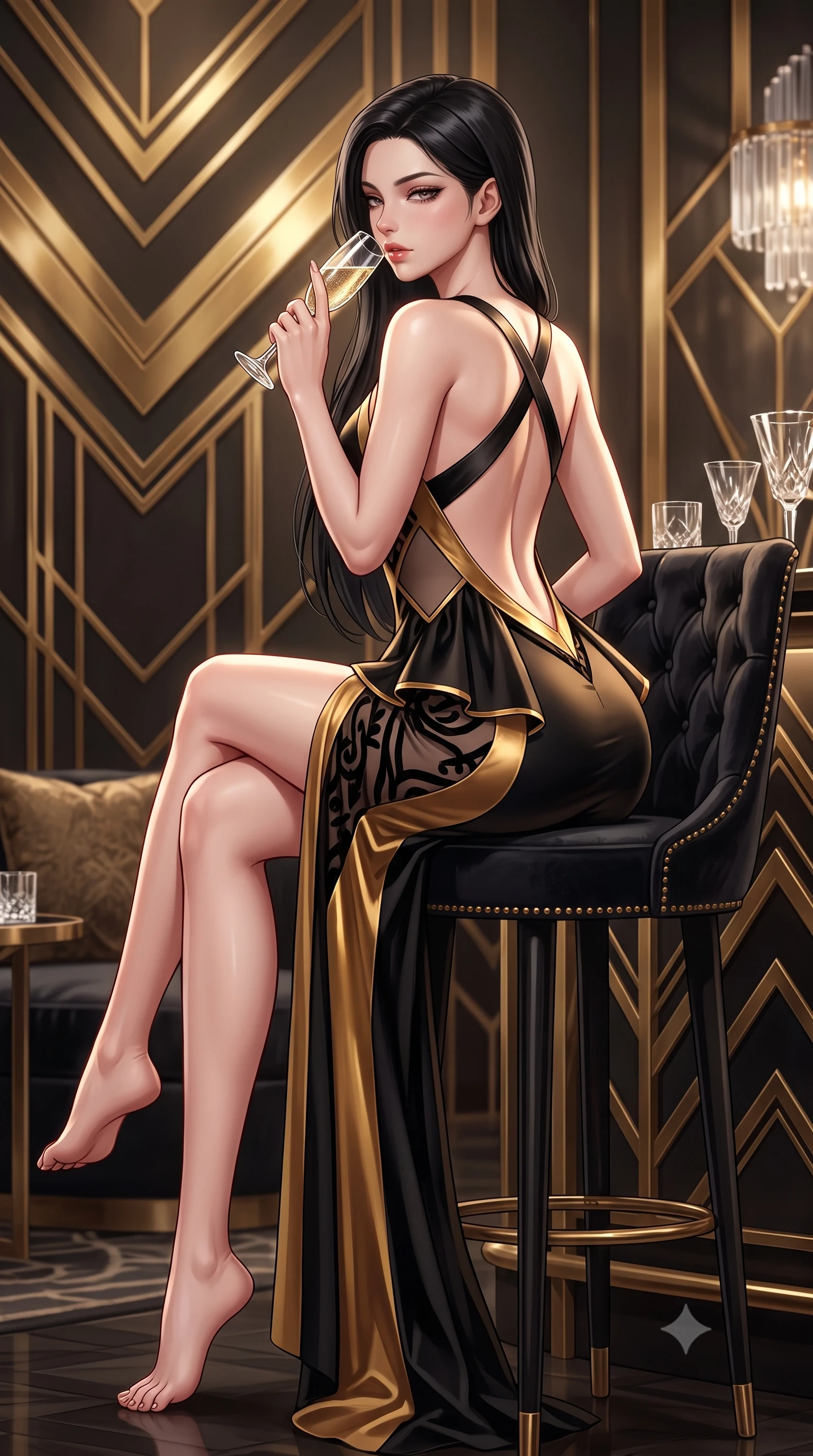 score_9, masterpiece, best quality, ultra-detailed, high-budget anime keyframe, semi-realistic 3D game render, editorial fashion photography, tasteful artistic composition, Korean woman. low angle full-body shot from head to toe showing her feet, filling the entire 9:16 vertical frame with her statuesque presence, stretching her vertical silhouette. posing with back turned slightly to the lens, glancing back with smoldering allure as she arches her lower back to emphasize her sculpted feminine hips and slender waist while sitting high on a tufted black velvet barstool with legs crossed, arching her lower back while holding a crystal champagne flute to her lips. The surrounding environment is rendered in vivid detail and crisp panoramic clarity. sharp geometric brass chevron wall moldings, crystal glass facets, and velvet fabric pile in deep focus. She has an absolutely perfect, statuesque 8.5-heads proportion, an exceptionally tall and slender model-like female figure with impossibly long slender legs, a toned flat midriff, an ultra-slim waist, and beautifully sculpted feminine hips. sharp v-shaped jawline, high-bridge nose, intricate jewel-like eyes with depth, thick eyelashes, glossy parted lips with a natural sheen, intensely captivating and seductive bedroom-eyes expression, flawlessly proportioned anatomical accuracy, strict slender model proportions, natural body alignment, perfectly sculpted long slender limbs, ultra-slim waistline, clean dynamic posture without body distortion. wearing a form-contouring Art Deco geometric peplum gown with side-waist diamond cutouts in high-contrast black and molten brass, made of sheer contouring mesh with velvet flocking patterns, finished with criss-cross back satin straps highlighting her graceful shoulder blades, the precision-cut side openings and low-back scoop framing her graceful spine and the sensual sweep of her hips. illuminated by rich directional firelight sculpting every feminine curve of her slender silhouette. highly saturated vibrant anime colors, detailed shading with soft gradients, rich glossy textures, high-contrast stereoscopic depth, volumetric dynamic lighting, master piece, 9:16 ratio