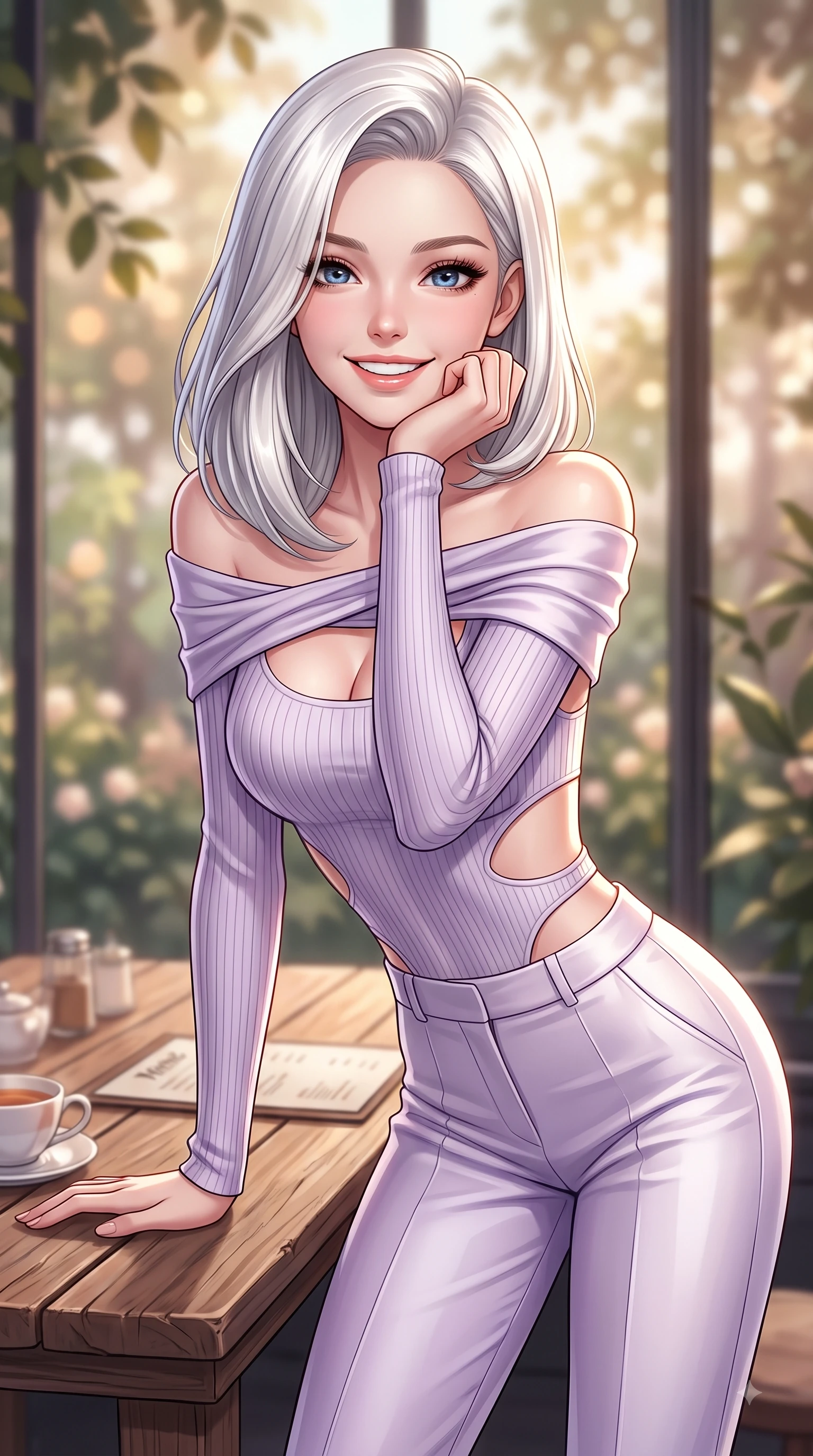 score_9, masterpiece, best quality, ultra-detailed, high-budget anime keyframe, editorial fashion photography, tasteful artistic composition, Caucasian woman. close-up cowboy shot from the waist and thighs up, the character dominates the composition, filling the frame with her large presence. Tilting her chin up with a sweet beaming smile of pure delight while balancing dynamically amidst the scene while resting her chin playfully on her hand at a rustic wooden table with a sweet smile. The composition keeps background elements in soft focus with dreamy bokeh. garden leaves outside glass windows softened by gentle warm depth of field. She has an exceptionally elegant, slender, and willowy female figure with an ultra-slim waist, a gracefully sculpted slender torso, and a refined silhouette. sharp v-shaped jawline, high-bridge nose, intricate jewel-like eyes with depth, thick eyelashes, glossy lips with a natural sheen, flawlessly proportioned anatomical accuracy, natural body alignment, perfectly sculpted elegant limbs, clean dynamic posture without body distortion. wearing a form-contouring ribbed knit top paired with high-waisted tailored stretch trousers in soft lavender violet and pearl white, crafted from smooth liquid silk satin, complemented by clean architectural cutouts along her slender torso, the elegant draped fit framing her graceful clavicle and slender torso. surrounded by a cozy, intimate, and relaxing cafe atmosphere. highly saturated vibrant anime colors, detailed shading with soft gradients, rich glossy textures, high-contrast stereoscopic depth, volumetric dynamic lighting, master piece, 9:16 ratio