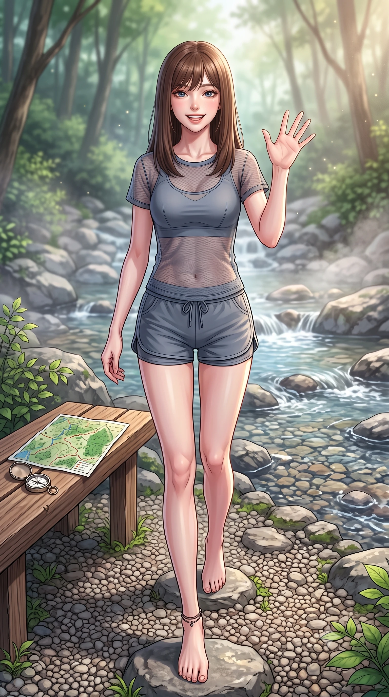 score_9, masterpiece, best quality, ultra-detailed, high-budget anime keyframe, editorial fashion photography, tasteful artistic composition, Korean woman. low angle full-body shot from head to toe showing her feet, filling the entire 9:16 vertical frame with her statuesque presence, stretching her vertical silhouette. stepping forward with a bright, cheerful smile, waving happily at the viewer set against a soft-focus background of next to a rocky creek with clear mountain water running over pebbles with a small compass and a map of the forest trail on a nearby bench. She has an absolutely perfect, statuesque 8.5-heads proportion, an exceptionally tall and slender model-like female figure with impossibly long slender legs and an ultra-slim waist. sharp v-shaped jawline, high-bridge nose, intricate jewel-like eyes with depth, thick eyelashes, glossy lips with a natural sheen. wearing slim-fit sheer mesh athletic top in slate grey, worn over a slim-fit sports bralette and shorts. soft morning mist rising from the stream, diffusing the warm starlight. highly saturated vibrant anime colors, detailed shading with soft gradients, rich glossy textures, high-contrast stereoscopic depth, volumetric dynamic lighting, master piece, 9:16 ratio