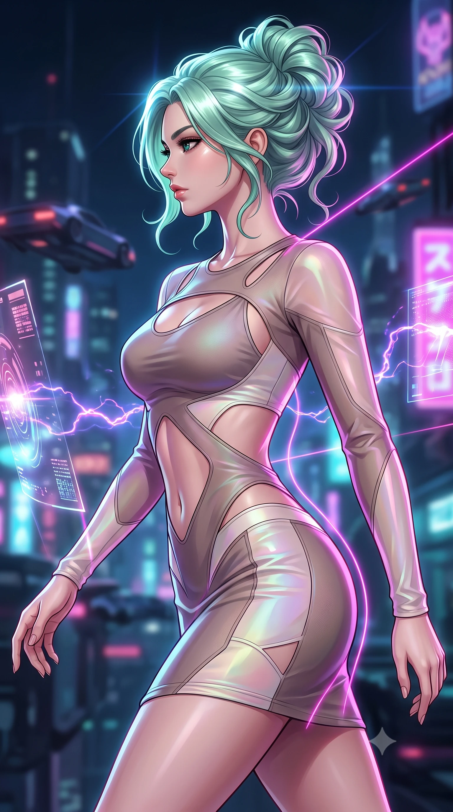 score_9, masterpiece, best quality, ultra-detailed, high-budget anime keyframe, editorial fashion photography, tasteful artistic composition, Japanese woman. close-up cowboy shot from the waist and thighs up, the character dominates the composition, filling the frame with her large presence, background elements kept in soft focus. Turning her face in sharp profile while her upper body leans forward with poised athletic grace while pivoting in a mid-stride turn as neon magenta laser lines trace her statuesque curves, glowing plasma arcs pulsating rhythmically in the background atmosphere. She has an exceptionally elegant, slender, and willowy female figure with an ultra-slim waist, a gracefully sculpted slender torso, and a refined silhouette. sharp v-shaped jawline, high-bridge nose, intricate jewel-like eyes with depth, thick eyelashes, glossy lips with a natural sheen, flawlessly proportioned anatomical accuracy, natural body alignment, perfectly sculpted elegant limbs, clean dynamic posture without body distortion. wearing a sleek bodycon knit dress with strategic sheer organza sleeve panels in muted taupe and soft ivory, crafted from iridescent chiffon that shifts colors in the light, featuring subtle geometric cutouts that highlight her ultra-slim midriff, the form-contouring material highlighting her ultra-slim waist and long lines. illuminated by radiant holographic displays and intense laser beam highlights. highly saturated vibrant anime colors, detailed shading with soft gradients, rich glossy textures, high-contrast stereoscopic depth, volumetric dynamic lighting, master piece, 9:16 ratio