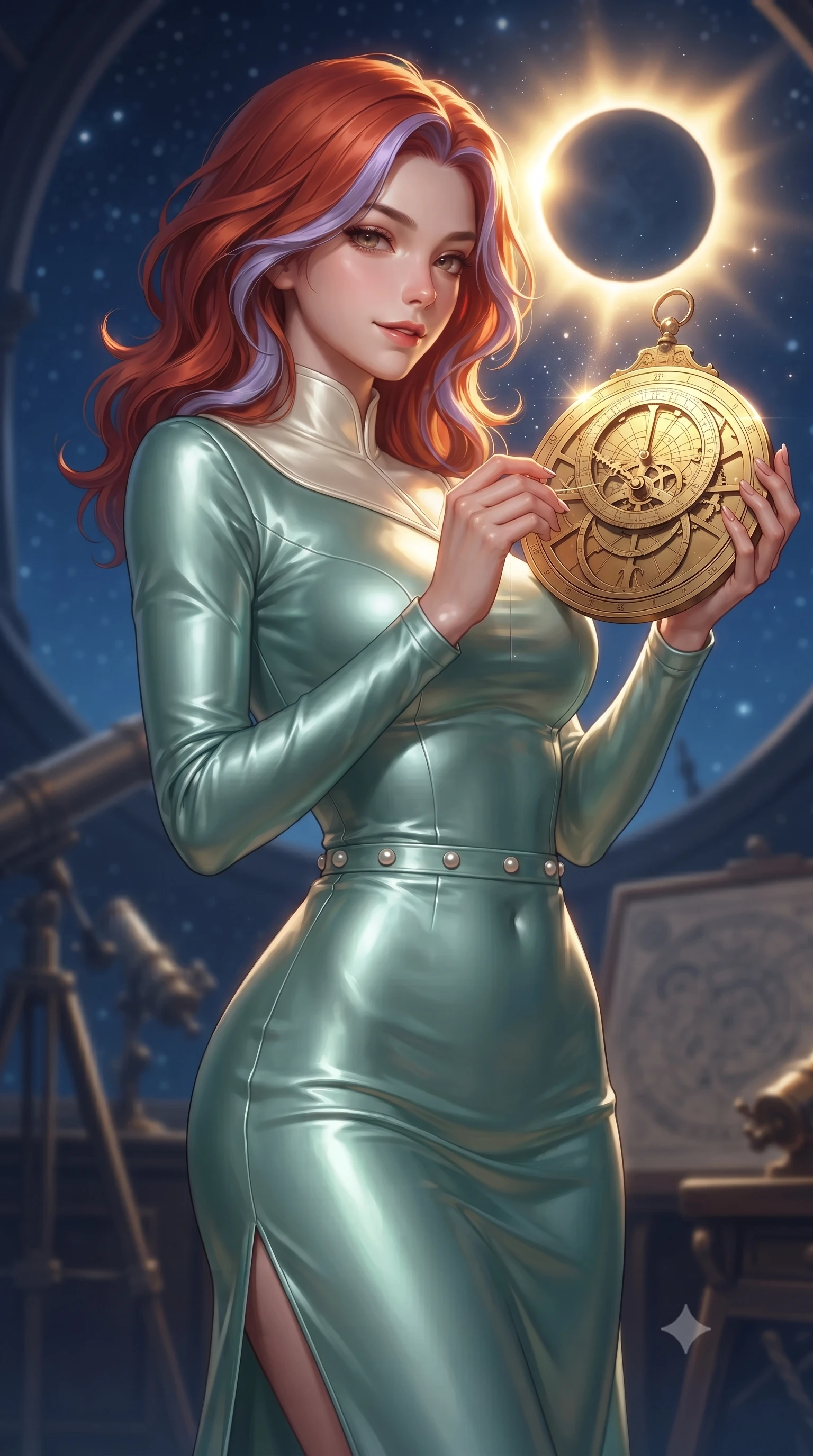 score_9, masterpiece, best quality, ultra-detailed, high-budget anime keyframe, editorial fashion photography, tasteful artistic composition, Caucasian woman. close-up cowboy shot from the waist and thighs up, the character dominates the composition, filling the frame with her large presence, background elements kept in soft focus. Glancing sidelong over her shoulder with a smoldering half-smile, threading starlight through a golden astronomical clock dial, a celestial solar eclipse casting brilliant golden rim highlights. She has an exceptionally elegant, slender, and willowy female figure with an ultra-slim waist, a gracefully sculpted slender torso, and a refined silhouette. sharp v-shaped jawline, high-bridge nose, intricate jewel-like eyes with depth, thick eyelashes, glossy lips with a natural sheen. wearing long-sleeved seafoam green satin gown with high structured collar in glowing ivory, made of liquid mercury jersey, adorned with minimalist pearl hardware framing the waistline, contouring every curve with an exceptionally elegant silhouette. illuminated by brilliant starlight and warm golden inner glow from the astrolabe. ultra-reflective glossy finish, specular highlights, metallic sheen, high-contrast stereoscopic depth, volumetric dynamic lighting, 2k, ultra detail, master piece, 9:16 ratio