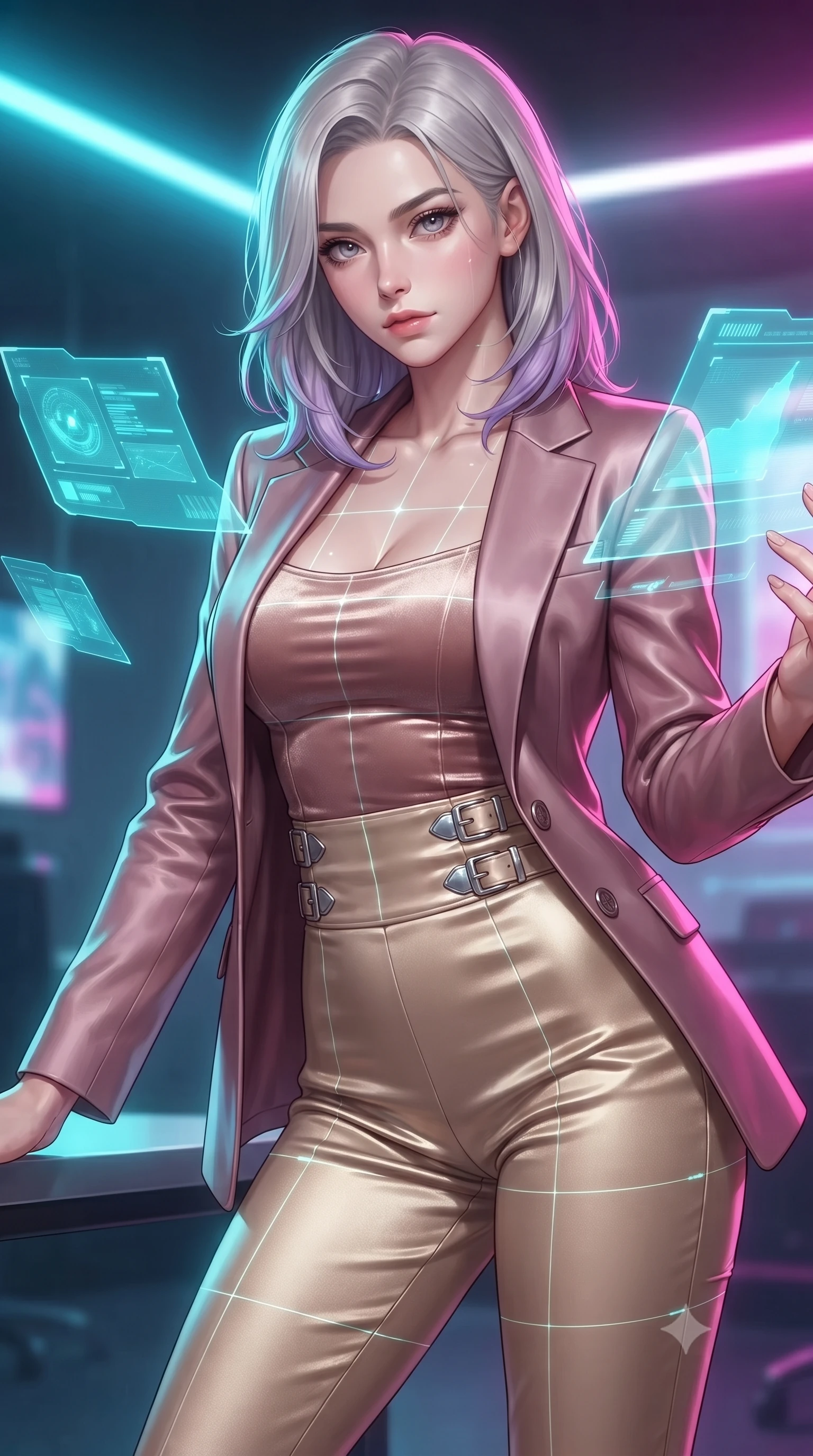 score_9, masterpiece, best quality, ultra-detailed, high-budget anime keyframe, editorial fashion photography, tasteful artistic composition, Caucasian woman. close-up cowboy shot from the waist and thighs up, the character dominates the composition, filling the frame with her large presence, background elements kept in soft focus. Leaning slightly forward with a composed, seductive gaze under soft glowing light manipulating floating translucent cyan hologram data shards in a void, laser lines casting precise geometric grid highlights on her athletic form. She has an exceptionally elegant, slender, and willowy female figure with an ultra-slim waist, a gracefully sculpted slender torso, and a refined silhouette. sharp v-shaped jawline, high-bridge nose, intricate jewel-like eyes with depth, thick eyelashes, glossy lips with a natural sheen. wearing a tailored silk blazer over a form-contouring top and fitted slacks in dusty rose and champagne gold, made of premium stretch velvet with a rich sheen, detailed with polished silver buckles along the waistline, the sleek second-skin texture accentuating her magnetic presence. bathed in brilliant neon cyan and magenta rim light with clean white ambient glow. highly saturated vibrant anime colors, detailed shading with soft gradients, rich glossy textures, high-contrast stereoscopic depth, volumetric dynamic lighting, master piece, 9:16 ratio