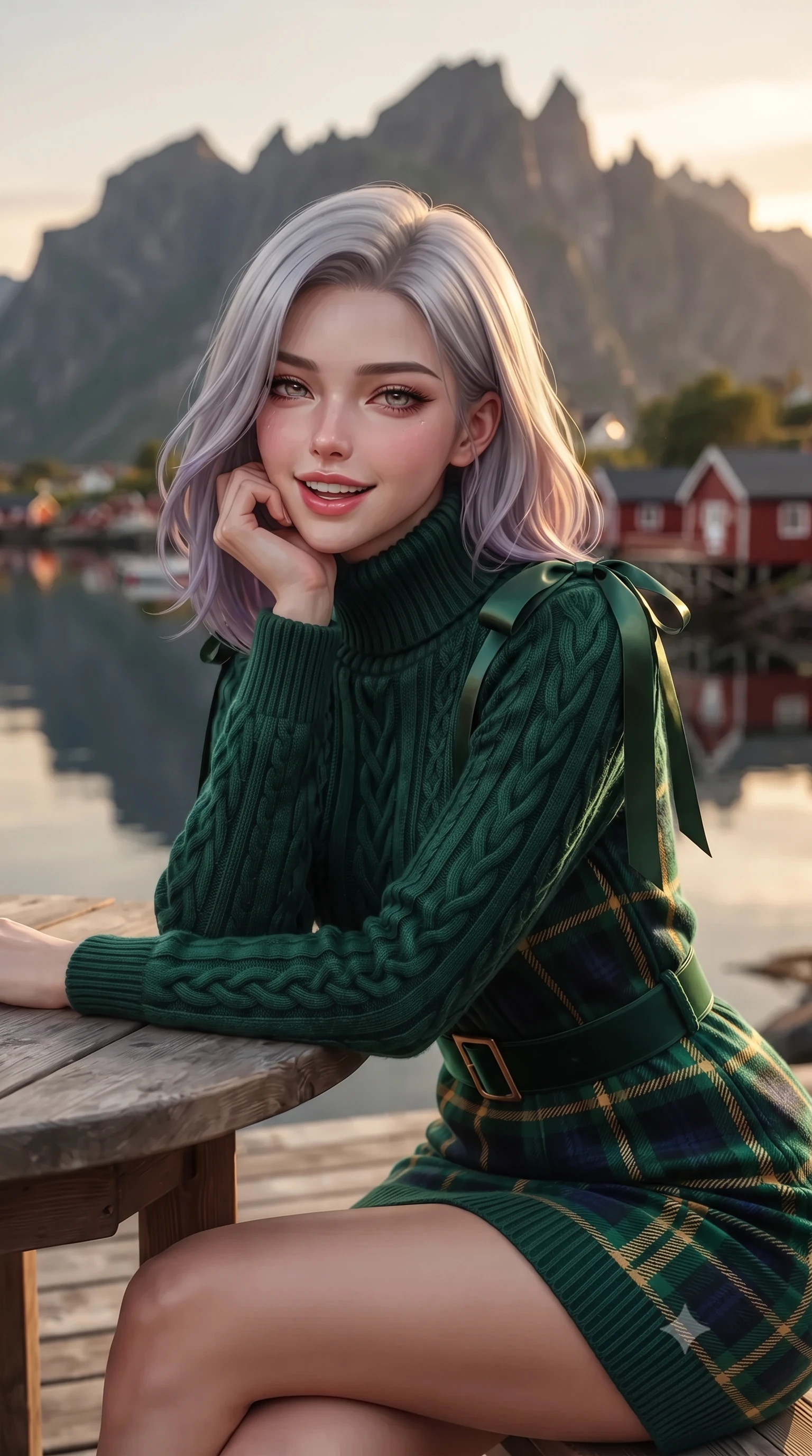 score_9, masterpiece, best quality, ultra-detailed, high-budget anime keyframe, editorial fashion photography, tasteful artistic composition, Caucasian woman. close-up cowboy shot from the waist and thighs up, the character dominates the composition, filling the frame with her large presence. resting one elbow on the table and supporting her chin, leaning close to the camera with heavy-lidded sparkling eyes and parted lips while twisting her slender torso in an alluring contrapposto stance beside the private lake ladder, golden sunbeams and emerald fjord caustics tracing her flat midriff and hips. The background shows a soft-focus dramatic serrated granite peaks of Reinebringen reflected in mirror fjord water, traditional red wooden cabins, and golden midnight sun blurred into amber, crimson, and jade bokeh. She has an exceptionally elegant, slender, and willowy female figure with an ultra-slim waist, flat toned midriff, narrow ribcage, and sculpted feminine hips creating an alluring, slim hourglass silhouette without bulk. sharp v-shaped jawline, high-bridge nose, intricate jewel-like sparkling eyes with depth, thick eyelashes, glossy parted lips with a natural peach sheen, bright cheerful beaming smile with an enchanting and coquettish sensual glint, exuding both youthful cute charm and seductive allure, flawlessly proportioned anatomical accuracy, strict slender model proportions, natural body alignment, perfectly sculpted long slender limbs, ultra-slim waistline, clean dynamic posture without body distortion. wearing an elegant high-collar Nordic merino wool cable-knit sweater dress with belted waistline in Balmoral royal tartan emerald and gilded brass, tailored from ultra-plush silk velvet with rich tactile depth and deep shadow gradients, finished with satin ribbon ties at the shoulders fluttering in the gentle breeze, the bespoke structured tailoring following the natural line of her 8.5-heads silhouette with refined elegance. bathed in the surreal perpetual 3000K golden amber warmth of the Arctic midnight sun hanging low on the horizon. ultra-reflective glossy finish, specular highlights, rich textural contrasts, high-contrast stereoscopic depth, volumetric dynamic lighting, 2k, ultra detail, master piece, 9:16 ratio