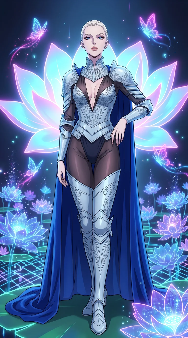score_9, masterpiece, best quality, ultra-detailed, High-budget Anime Keyframe, vibrant colors, fluid line-art, expressive lighting, cinematic composition, Ufotable-style visual effects, top-tier animation quality, Caucasian woman with pale skin and refined features. Dynamic full-body shot stretching the vertical silhouette, capturing her from a powerful low-angle perspective. Resting against a giant glowing flower that emits a soft, pulse-like light. She has an absolutely perfect 8-heads proportion, an exceptionally tall and slender female figure with impossibly long slender legs and an ultra-slim waist, her statuesque height and towering silhouette dominating the vertical 9:16 frame. Her face is a masterpiece featuring a sharp v-shaped jawline, high-bridge nose, intricate jewel-like eyes with depth, thick eyelashes, and glossy lips with a natural sheen. She is wearing a Form-fitting light silver plate armor with intricate engravings, over a sheer silk bodysuit with a deep plunging neckline, and a royal blue velvet cape.. The scene is set in a digital garden filled with holographic lotus flowers and neon butterflies. 2k, ultra detail, master piece, 9:16 ratio