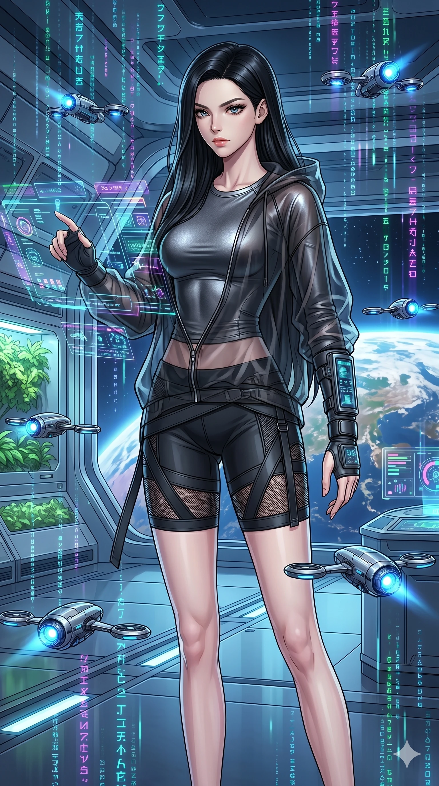 score_9, masterpiece, best quality, ultra-detailed, high-budget anime movie keyframe, cinematic anime lighting, intricate line art, Caucasian (strictly human ears) woman. Medium shot of upper body capturing the intricate details of her high-fashion attire. commanding a drone swarm in a futuristic orbital station with holographic rain. She has an absolutely perfect 8-heads proportion, an exceptionally tall and slender female figure with an ultra-slim waist and impossibly long slender legs. sharp v-shaped jawline, high-bridge nose, intricate jewel-like eyes, thick eyelashes, glossy lips. Wearing premium athleisure set with a metallic-finish compression top, high-cut yoga shorts that accentuate her long legs, and a sheer oversized hoodie. The scene is illuminated by dramatic atmospheric lighting and vibrant color palettes. , 2k, ultra detail, master piece, 9:16 ratio