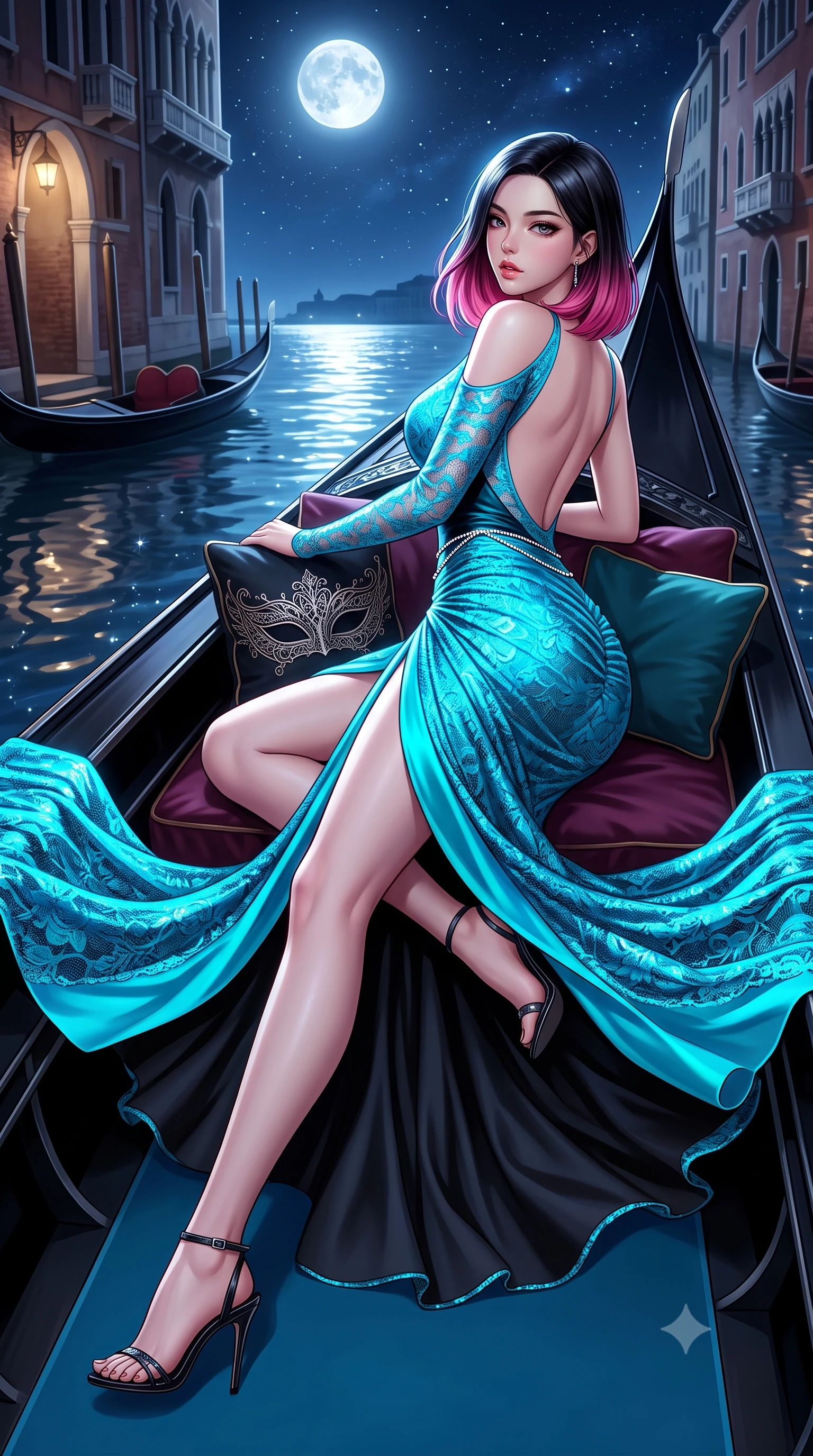 score_9, masterpiece, best quality, ultra-detailed, high-budget anime keyframe, semi-realistic 3D game render, editorial fashion photography, tasteful artistic composition, Korean woman. low angle full-body shot from head to toe showing her feet, filling the entire 9:16 vertical frame with her statuesque presence, stretching her vertical silhouette. executing an elegant mid-motion pivot turn as garments swirl around her slender limbs, glancing over her shoulder with an intoxicating bedroom-gaze while reclining on her side across the velvet cushions of a sleek black gondola, arching her lower back with one slender leg extended as moonlit canal ripples mirror her curvy hips. The surrounding environment is rendered in vivid detail and crisp panoramic clarity. detailed mask filigree, silk dress drape folds, and starry night sky reflections in high resolution. She has an exceptionally tall and slender model-like 8.5-heads proportion, an ultra-slim waist, a flat toned midriff, narrow delicate ribcage, and beautifully sculpted feminine hips creating a graceful, slim hourglass silhouette without any bulky heaviness, with impossibly long slender legs. sharp v-shaped jawline, high-bridge nose, intricate jewel-like eyes with depth, thick eyelashes, glossy parted lips with a natural sheen, intensely captivating and seductive bedroom-eyes expression, flawlessly proportioned anatomical accuracy, strict slender model proportions, natural body alignment, perfectly sculpted long slender limbs, ultra-slim waistline, clean dynamic posture without body distortion. wearing a form-contouring cocktail dress with an asymmetrical open shoulder and hip-defining ruching in neon electric cyan and lacquer black, formed from shimmering floral lace over smooth opaque silk lining, accented with a dainty diamond waist chain catching the ambient light reflections, the precision-cut side openings and low-back scoop framing her graceful spine and the sensual sweep of her slim, toned hips. surrounded by an aristocratic, scandalous, and breathlessly captivating Venetian siren aura. highly saturated vibrant anime colors, detailed shading with soft gradients, rich glossy textures, high-contrast stereoscopic depth, volumetric dynamic lighting, master piece, 9:16 ratio