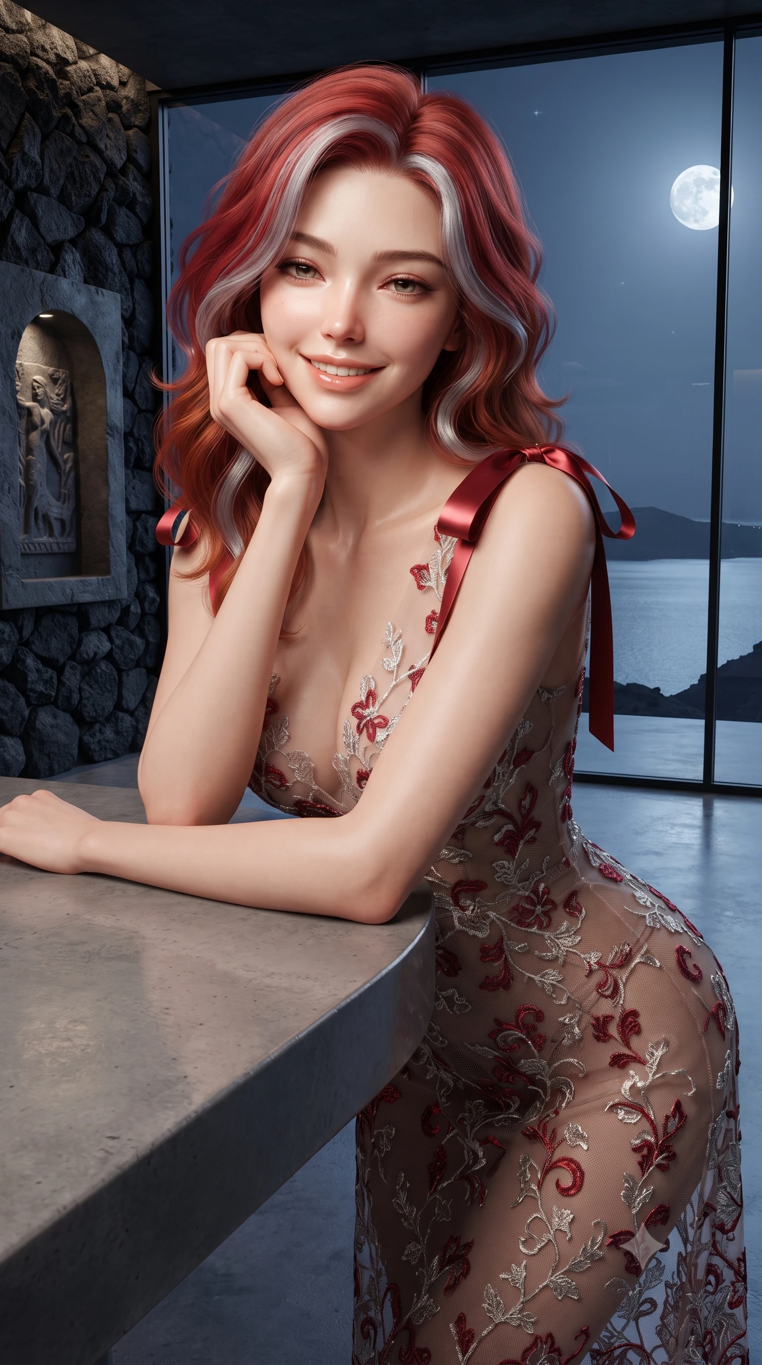 score_9, masterpiece, best quality, ultra-detailed, high-budget anime keyframe, editorial fashion photography, tasteful artistic composition, Caucasian woman. close-up cowboy shot from the waist and thighs up, the character dominates the composition, filling the frame with her large presence. resting one elbow on the table and supporting her chin, leaning close to the camera with heavy-lidded sparkling eyes and parted lips while standing poised before the floor-to-ceiling glass wall framing the moonlit caldera, arching her lower back to emphasize her curvy hips against the black basalt walls. The surrounding environment is rendered in vivid detail and crisp panoramic clarity: sharp porous black basalt rock textures, carved wall alcove relief, and polished concrete floor in deep focus. She has an exceptionally elegant, slender, and willowy female figure with an ultra-slim waist, flat toned midriff, narrow ribcage, and sculpted feminine hips creating an alluring, slim hourglass silhouette without bulk. sharp v-shaped jawline, high-bridge nose, intricate jewel-like sparkling eyes with depth, thick eyelashes, glossy parted lips with a natural peach sheen, bright cheerful beaming smile with an enchanting and coquettish sensual glint, exuding both youthful cute charm and seductive allure, flawlessly proportioned anatomical accuracy, strict slender model proportions, natural body alignment, perfectly sculpted long slender limbs, ultra-slim waistline, clean dynamic posture without body distortion. wearing a provocative sheer illusion mesh botanical dress with embroidered climbing ivy ribbons contouring her curves in Venetian baroque ruby red and antique starlight silver, made of delicate semi-sheer French Chantilly lace with intricate eyelash edges, finished with satin ribbon ties at the shoulders fluttering in the gentle breeze, the form-contouring silhouette accentuating her sculpted flat midriff, narrow delicate ribcage, and gracefully curvy hips with intoxicating allure. illuminated by polished floor bounce and sharp rose-gold rim lights sculpting her features, flat midriff, and slender waist. ultra-reflective glossy finish, specular highlights, rich textural contrasts, high-contrast stereoscopic depth, volumetric dynamic lighting, 2k, ultra detail, master piece, 9:16 ratio