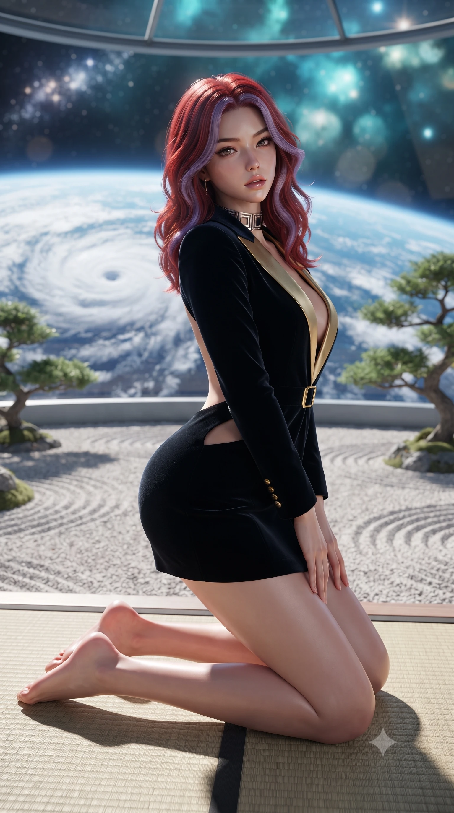 score_9, masterpiece, best quality, ultra-detailed, high-budget anime keyframe, editorial fashion photography, tasteful artistic composition, Caucasian woman. low angle full-body shot from head to toe showing her feet, filling the entire 9:16 vertical frame with her statuesque presence, stretching her vertical silhouette. posing with back turned slightly to the lens, glancing back with smoldering allure as she arches her lower back to emphasize her sculpted feminine hips and slender waist while kneeling gracefully on a tatami mat at the edge of a weightless raked gravel zen garden, arching her spine as planet Earth rotates below the glass dome. The composition keeps background elements in soft focus with creamy bokeh. swirling white cloud typhoons on Earth and distant orbital star clusters blurred into ethereal sapphire, turquoise, and pearl bokeh. She has an exceptionally tall and slender model-like 8.5-heads proportion, an ultra-slim waist, a flat toned midriff, narrow delicate ribcage, and beautifully sculpted feminine hips creating a graceful, slim hourglass silhouette without any bulky heaviness, with impossibly long slender legs. sharp v-shaped jawline, high-bridge nose, intricate jewel-like eyes with depth, thick eyelashes, glossy parted lips with a natural sheen, intensely captivating and seductive bedroom-eyes expression, flawlessly proportioned anatomical accuracy, strict slender model proportions, natural body alignment, perfectly sculpted long slender limbs, ultra-slim waistline, clean dynamic posture without body distortion. wearing a tailored velvet tuxedo jacket dress with satin lapels, worn with a deep plunge neckline and gold hip buckle in midnight obsidian black and liquid gold, tailored from ultra-smooth duchess satin with a pearlescent sheen, complemented by a bold geometric choker and sparkling cocktail ring, the precision-cut side openings and low-back scoop framing her graceful spine and the sensual sweep of her slim, toned hips. illuminated by gentle directional sunlight sculpting her sculpted collarbones, ultra-slim waist, and curvy hips. ultra-reflective glossy finish, specular highlights, rich textural contrasts, high-contrast stereoscopic depth, volumetric dynamic lighting, 2k, ultra detail, master piece, 9:16 ratio