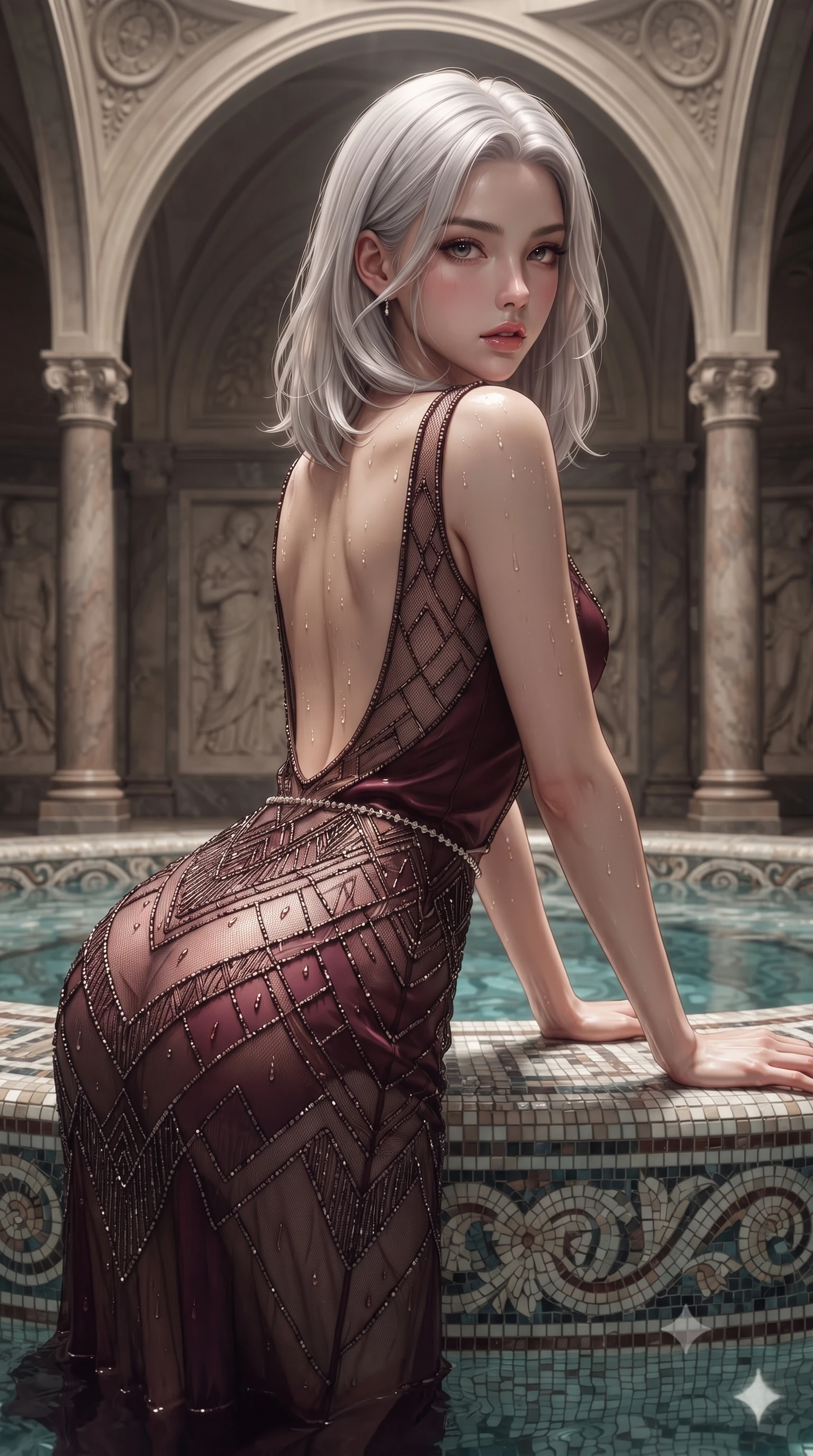 score_9, masterpiece, best quality, ultra-detailed, high-budget anime keyframe, editorial fashion photography, tasteful artistic composition, Korean woman. close-up cowboy shot from the waist and thighs up, the character dominates the composition, filling the frame with her large presence. leaning back with relaxed seductive grace, her sculpted collarbones and narrow waist highlighted as she casts smoldering bedroom-eyes directly into the camera while sitting on the carved mosaic rim of a thermal mineral pool beneath soaring Art Nouveau arches, water droplets beading on her curvy hips as she looks back. The surrounding environment is rendered in vivid detail and crisp panoramic clarity. sharp mosaic tile tesserae, distinct water droplet tracks on skin, and carved stone relief in deep focus. She has an exceptionally elegant, slender, and willowy female figure with an ultra-slim waist, flat toned midriff, narrow ribcage, and sculpted feminine hips creating an alluring, slim hourglass silhouette without bulk. sharp v-shaped jawline, high-bridge nose, intricate jewel-like eyes with depth, thick eyelashes, glossy parted lips with a natural sheen, intensely captivating and seductive bedroom-eyes expression, flawlessly proportioned anatomical accuracy, strict slender model proportions, natural body alignment, perfectly sculpted long slender limbs, ultra-slim waistline, clean dynamic posture without body distortion. wearing a sheer vintage mesh flapper dress adorned with intricate geometric beadwork over an opaque silk slip in deep wine burgundy and brushed dark platinum, formed from supple second-skin lambskin leather with specular sheen, accented with a dainty diamond waist chain catching the ambient light reflections, the dramatically scooped open back descending to the base of her spine, accentuating her razor-sharp statuesque lines and slim hourglass silhouette. illuminated by wet specular highlights accentuating her slender neckline, sculpted waist, and rounded hips. ultra-reflective glossy finish, specular highlights, rich textural contrasts, high-contrast stereoscopic depth, volumetric dynamic lighting, 2k, ultra detail, master piece, 9:16 ratio