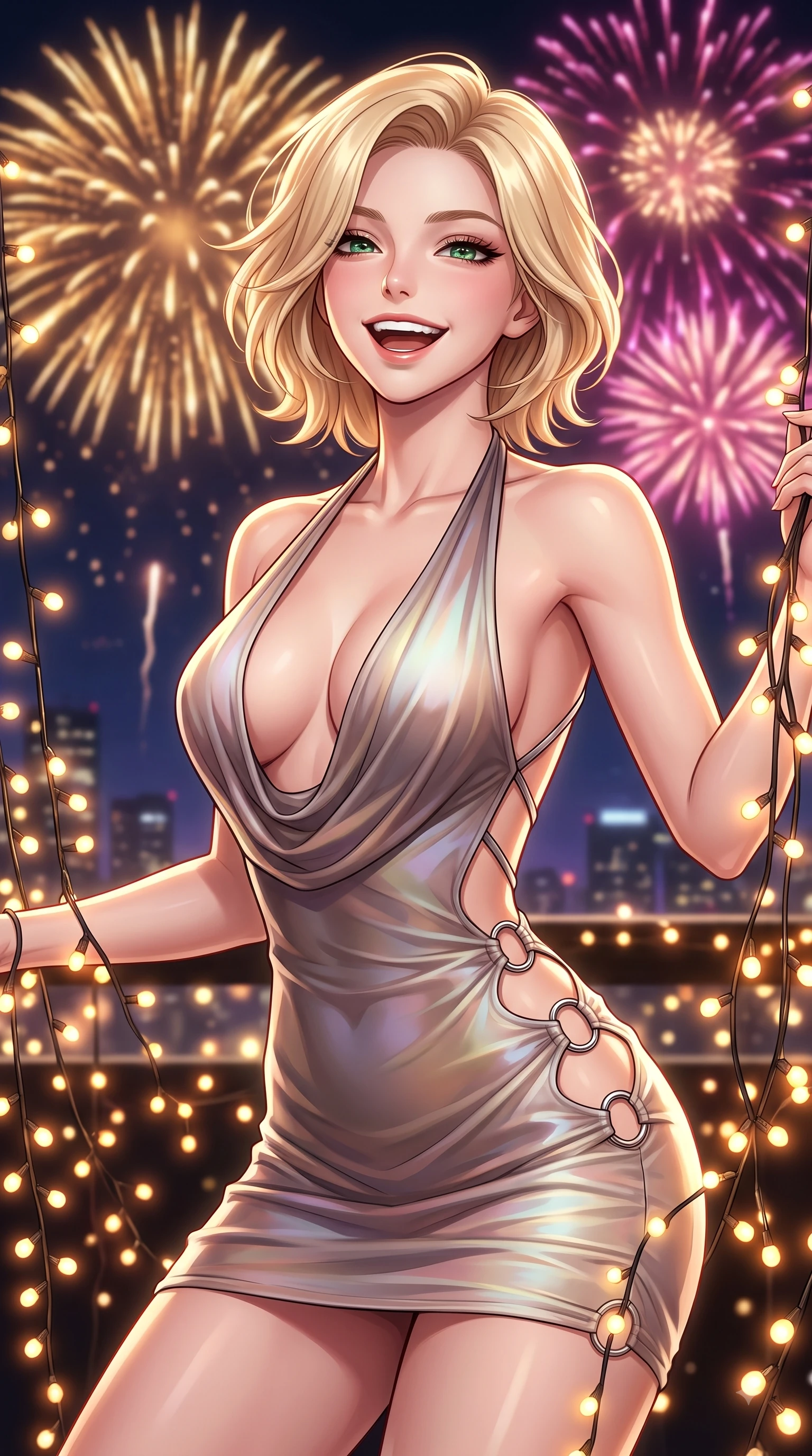 score_9, masterpiece, best quality, ultra-detailed, high-budget anime keyframe, editorial fashion photography, tasteful artistic composition, Caucasian woman. close-up cowboy shot from the waist and thighs up, the character dominates the composition, filling the frame with her large presence, background elements kept in soft focus. Tilting her chin up with a beaming smile of pure delight while balancing dynamically amidst the scene while pivoting dynamically amidst string fairy lights with a laughing, delighted expression, spectacular golden and magenta fireworks bursting in the background night skyline. She has an exceptionally elegant, slender, and willowy female figure with an ultra-slim waist, a gracefully sculpted slender torso, and a refined silhouette. sharp v-shaped jawline, high-bridge nose, intricate jewel-like eyes with depth, thick eyelashes, glossy lips with a natural sheen, flawlessly proportioned anatomical accuracy, natural body alignment, perfectly sculpted elegant limbs, clean dynamic posture without body distortion. wearing a deep-scoop halter bodycon dress with hip cutouts connected by silver rings in muted taupe and soft ivory, crafted from iridescent chiffon that shifts colors in the light, complemented by criss-cross back straps highlighting her bare shoulders, the elegant draped fit framing her graceful clavicle and slender torso. bathed in festive firework explosions and warm amber fairy light radiance. highly saturated vibrant anime colors, detailed shading with soft gradients, rich glossy textures, high-contrast stereoscopic depth, volumetric dynamic lighting, master piece, 9:16 ratio