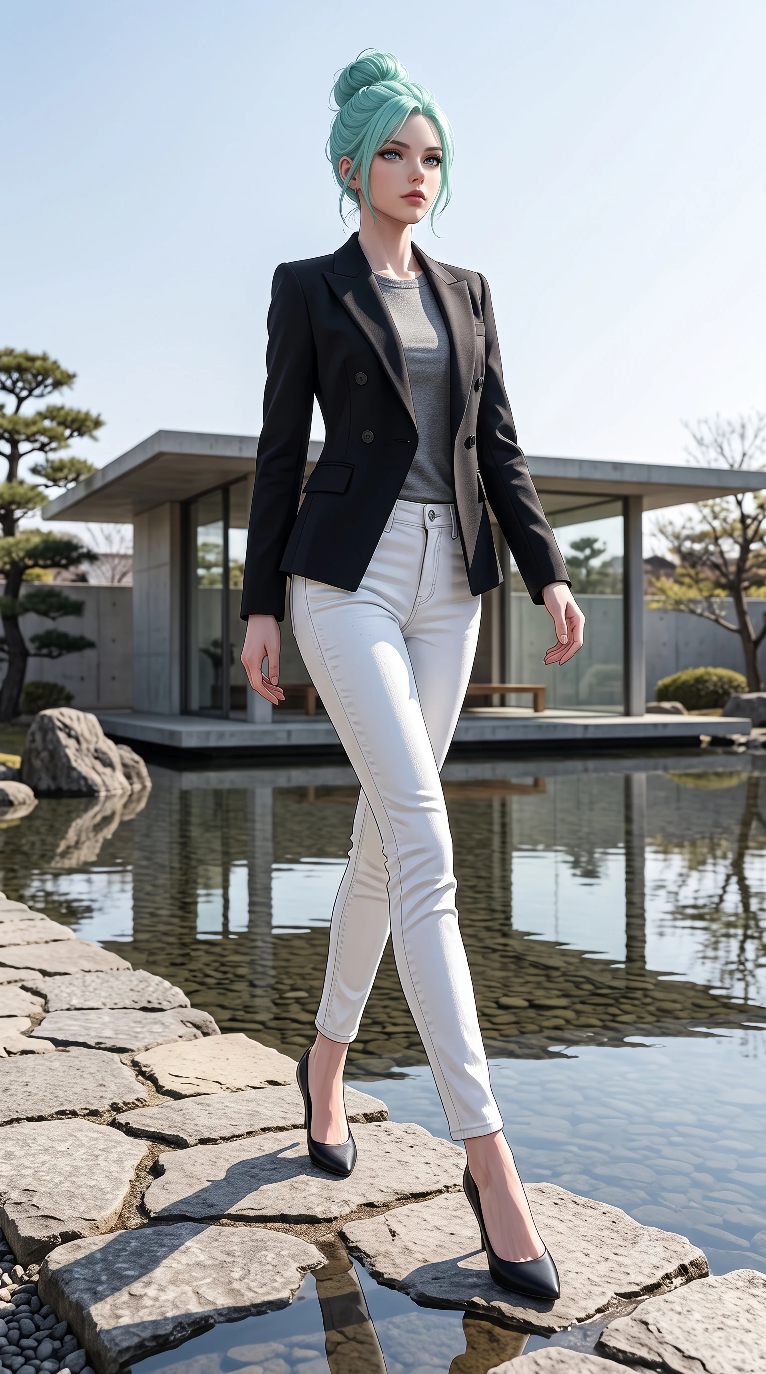 score_9, masterpiece, best quality, ultra-detailed, high-budget anime keyframe, editorial fashion photography, tasteful artistic composition, Japanese woman woman. low angle full-body shot from head to toe showing her feet, filling the entire 9:16 vertical frame with her statuesque presence, stretching her vertical silhouette. stepping gracefully across a stone path in the garden the background shows a soft-focus a minimalist concrete pavilion in a green park, with water pools reflecting the structure. She has an absolutely perfect, statuesque 8.5-heads proportion, an exceptionally tall and slender model-like female figure with impossibly long slender legs and an ultra-slim waist. sharp v-shaped jawline, high-bridge nose, intricate jewel-like eyes with depth, thick eyelashes, glossy lips with a natural sheen. wearing a slim-fit tailored black double-breasted blazer over a grey crewneck top and white denim jeans. bright midday sun rays creating clean, sharp shadows and reflections. 2k, ultra detail, master piece, 9:16 ratio