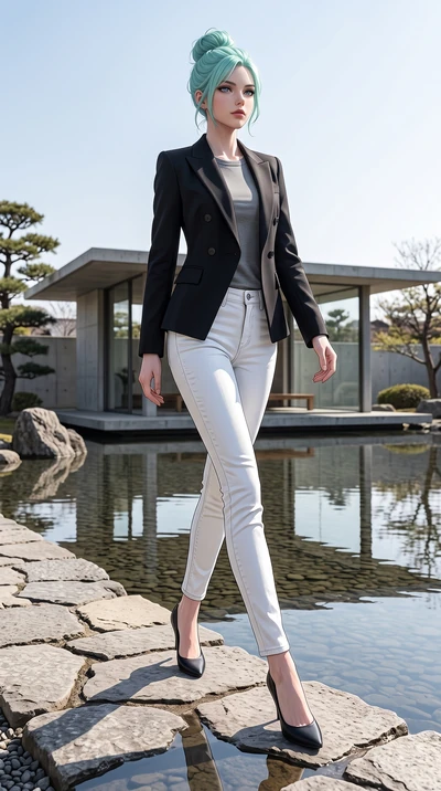 score_9, masterpiece, best quality, ultra-detailed, high-budget anime keyframe, editorial fashion photography, tasteful artistic composition, Japanese woman woman. low angle full-body shot from head to toe showing her feet, filling the entire 9:16 ve