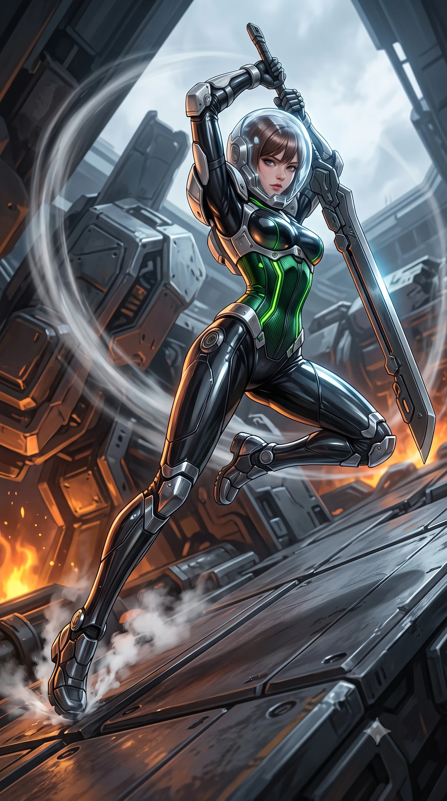 score_9, masterpiece, best quality, ultra-detailed, high-budget anime keyframe, semi-realistic 3D game render, editorial fashion photography, tasteful artistic composition, Korean woman. low angle full-body shot from head to toe showing her feet, filling the entire 9:16 vertical frame with her statuesque presence, stretching her vertical silhouette. leaping into mid-air with an athletic yet alluring arch of her spine, driving a downward kinetic strike surrounded by a ring of displaced air while pivoting dynamically on the slanted metal plating as steam hisses from cooling hydraulics beneath her boots. The surrounding environment is rendered in vivid detail and crisp panoramic clarity. high-contrast mechanical chiaroscuro and monumental war-machine wreckage captured with precision. She has an absolutely perfect, statuesque 8.5-heads proportion, an exceptionally tall and slender model-like female figure with impossibly long slender legs, a toned flat midriff, and an ultra-slim waist. sharp v-shaped jawline, high-bridge nose, intricate jewel-like eyes with depth, thick eyelashes, glossy lips with a natural sheen, fierce and resolute heroine expression, flawlessly proportioned anatomical accuracy, strict slender model proportions, natural body alignment, perfectly sculpted long slender limbs, ultra-slim waistline, clean dynamic posture without body distortion. wearing a crystal-clear transparent armored riot-visor helmet showing her entire beautiful face and determined expression with pristine clarity, paired with a statuesque high-fashion cyber-warrior armor suit with platinum bevels, heavy articulated shoulder guards, and an ultra-slim waist-cinching corset in toxic emerald green carbon composite with glowing lime warning channels, formed from high-gloss patent carbon-plating with specular dystopian chiaroscuro reflections, detailed with kinetic shock-dampening knuckle guards and polished chrome connection joints, the sleek second-skin cut tightly hugging her graceful clavicle, narrow waist, and feminine curves with athletic precision. bathed in glowing amber reactor fire uplights and cool overcast skylight fill. rich saturated anime colors with glowing neon highlights, detailed shading with soft gradients, rich glossy textures, high-contrast stereoscopic depth, volumetric dynamic lighting, master piece, 9:16 ratio