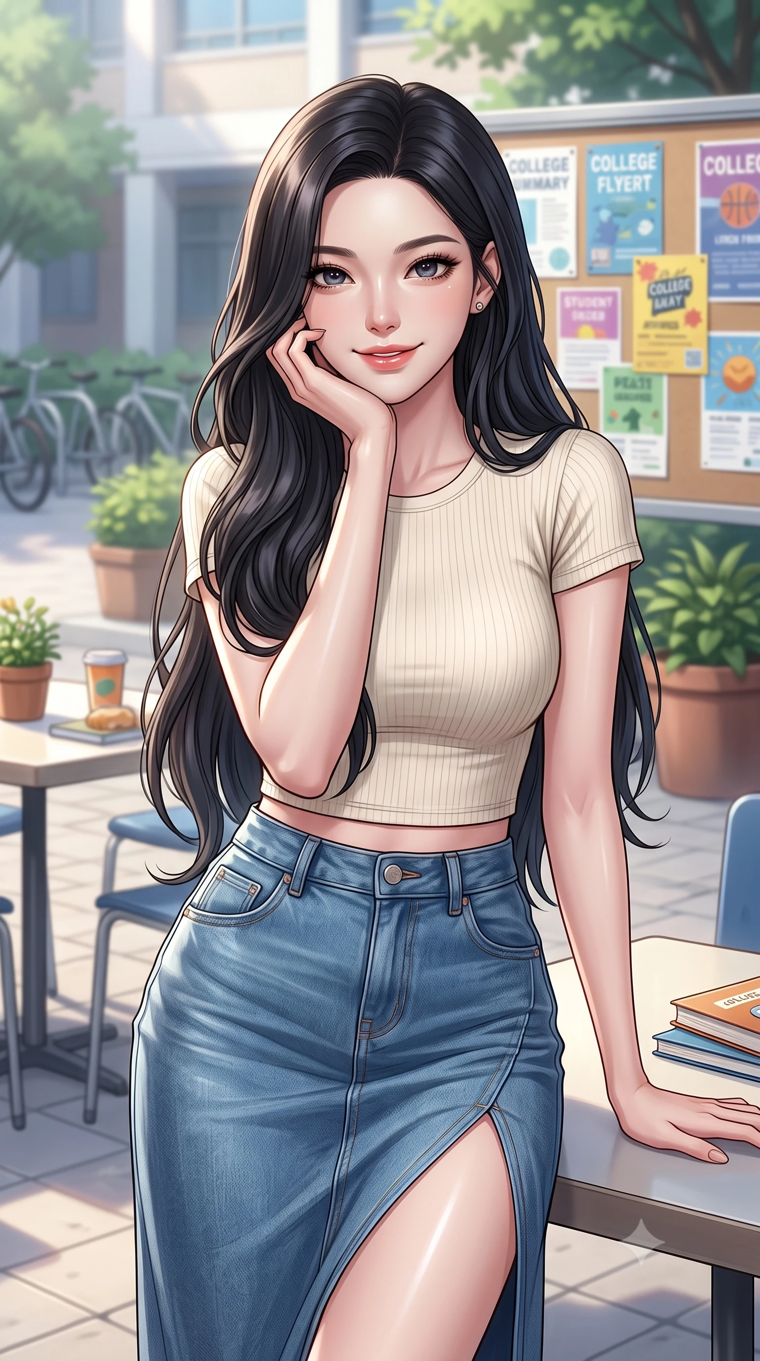 score_9, masterpiece, best quality, ultra-detailed, high-budget anime keyframe, editorial fashion photography, tasteful artistic composition, Korean woman. close-up cowboy shot from the waist and thighs up, the character dominates the composition, filling the frame with her large presence, background elements kept in soft focus. smiling cutely while resting her chin on her hand, looking directly into the lens set against a soft-focus background of in a sunlit campus courtyard filled with student tables, potted plants, and bicycle racks with colorful college flyers and posters decorating the bulletin boards behind her. She has an exceptionally elegant, slender, and willowy female figure with an ultra-slim waist, a gracefully sculpted slender torso, and a refined silhouette. sharp v-shaped jawline, high-bridge nose, intricate jewel-like eyes with depth, thick eyelashes, glossy lips with a natural sheen. wearing slim-fit modern crop top tee in cream, paired with a high-slit denim midi skirt. cool morning sunlight creating a fresh, energetic ambiance. ultra-reflective glossy finish, specular highlights, metallic sheen, high-contrast stereoscopic depth, volumetric dynamic lighting, 2k, ultra detail, master piece, 9:16 ratio