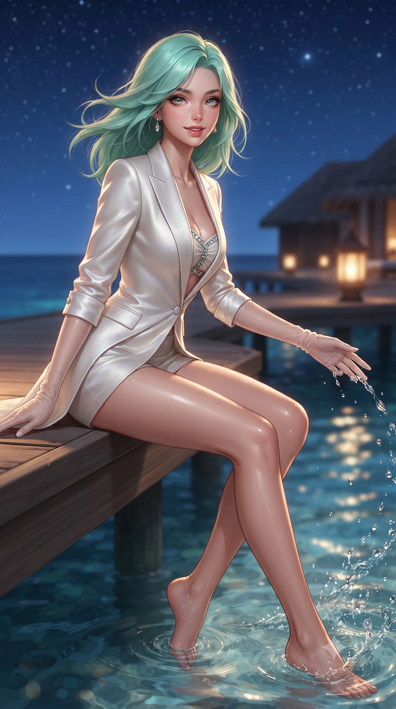 score_9, masterpiece, best quality, ultra-detailed, high-budget anime keyframe, editorial fashion photography, tasteful artistic composition, Japanese woman. close-up cowboy shot from the waist and thighs up, the character dominates the composition, filling the frame with her large presence. turning slowly with an enchanting smoldering smile, her glossy hair tossing in the breeze as her hips angle gracefully in a captivating contrapposto while perched sideways on the wooden deck edge with legs dipped in the warm sea, splashing water playfully with a coquettish, teasing smile. The background shows a soft-focus endless dark Indian Ocean horizon meeting brilliant starry sky, thatched villa roofs lit by warm amber lanterns, and gentle lagoon ripples blurred into sapphire, honey, and starlight bokeh. She has an exceptionally elegant, slender, and willowy female figure with an ultra-slim waist, flat toned midriff, narrow ribcage, and sculpted feminine hips creating an alluring, slim hourglass silhouette without bulk. sharp v-shaped jawline, high-bridge nose, sparkling eyes with hypnotic seductive depth, thick curled eyelashes, glossy parted lips with a natural dewy peach sheen, alluring bedroom-eyes with an enchanting coquettish smile, exuding magnetic siren charisma and sophisticated glamour, flawlessly proportioned anatomical accuracy, strict slender model proportions, natural body alignment, perfectly sculpted long slender limbs, ultra-slim waistline, clean dynamic posture without body distortion. wearing a tailored open-front satin smoking jacket worn over a jewel-embellished bandeau and micro-shorts in pure alabaster with iridescent mother-of-pearl sheen, crafted from fluid liquid silk satin that clings smoothly to every curve with a dewy sheen, complemented by sheer opera-length evening gloves tracing her slender arms, the high-slit wrap tailoring accentuating her ultra-slim waistline and the enchanting curve of her feminine hips with alluring seductive charm. illuminated by lagoon water surface specular highlights and sharp champagne-gold rim lights defining her delicate clavicles, ultra-slim waist, and curvy hips. ultra-reflective glossy finish, specular highlights, rich textural contrasts, high-contrast stereoscopic depth, volumetric dynamic lighting, 2k, ultra detail, master piece, 9:16 ratio
