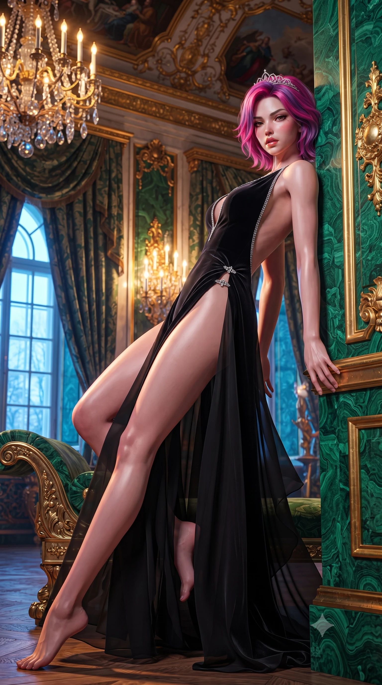 score_9, masterpiece, best quality, ultra-detailed, high-budget anime keyframe, semi-realistic 3D game render, editorial fashion photography, tasteful artistic composition, Caucasian woman. low angle full-body shot from head to toe showing her feet, filling the entire 9:16 vertical frame with her statuesque presence, stretching her vertical silhouette. leaning deep against the structural architecture with hips cocked in an unapologetically bold, seductive high-fashion stance while reclining languidly on an antique Russian imperial chaise longue, her slender waist and feminine curves framed by deep green stone and gold leaf. The surrounding environment is rendered in vivid detail and crisp panoramic clarity. detailed heavy silk brocade drape, diamond tiara sparkle, and palace architecture clarity in high resolution. She has an exceptionally tall and slender model-like 8.5-heads proportion, an ultra-slim waist, a flat toned midriff, narrow delicate ribcage, and beautifully sculpted feminine hips creating a graceful, slim hourglass silhouette without any bulky heaviness, with impossibly long slender legs. sharp v-shaped jawline, high-bridge nose, intricate jewel-like eyes with depth, thick eyelashes, glossy parted lips with a natural sheen, intensely captivating and seductive bedroom-eyes expression, flawlessly proportioned anatomical accuracy, strict slender model proportions, natural body alignment, perfectly sculpted long slender limbs, ultra-slim waistline, clean dynamic posture without body distortion. wearing a plunging-V neckline duchess satin gown with high side slits ascending to the high hip in pitch-black velvet with diamond crystal trim, woven from layered gossamer chiffon with a weightless sweeping drape, finished with an ultra-high side slit secured by miniature jeweled clasps, the dramatically scooped open back descending to the base of her spine, accentuating her razor-sharp statuesque lines and slim hourglass silhouette. bathed in warm opulent golden crystal chandelier downlights contrasting with cool winter blue window fill. highly saturated vibrant anime colors, detailed shading with soft gradients, rich glossy textures, high-contrast stereoscopic depth, volumetric dynamic lighting, master piece, 9:16 ratio