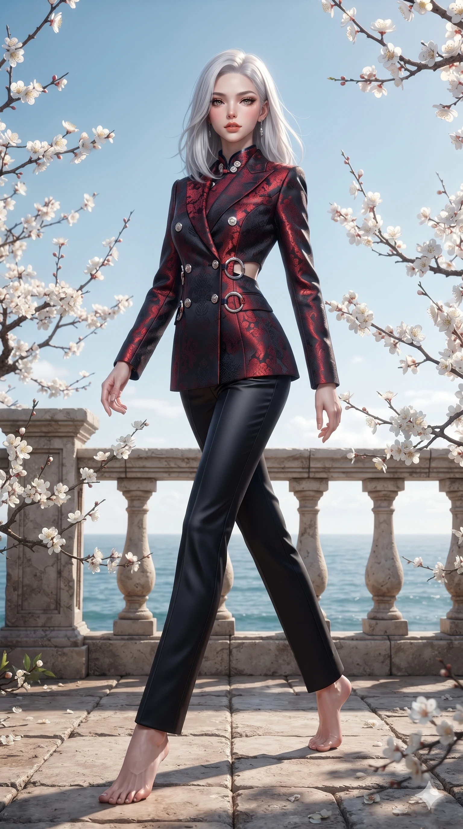 score_9, masterpiece, best quality, ultra-detailed, high-budget anime keyframe, editorial fashion photography, tasteful artistic composition, Korean woman. low angle full-body shot from head to toe showing her feet, filling the entire 9:16 vertical frame with her statuesque presence, stretching her vertical silhouette. stepping forward in a confident stride, her long slender legs and curvaceous hips creating a dynamic, sweeping vertical line while standing tall beside blooming white plum blossom branches, arching her spine with sovereign supermodel grace as sea breezes whip through her hair. The surrounding environment is rendered in vivid detail and crisp panoramic clarity: detailed modern boned hanbok bustier tailoring, norigae tassel, and classical stone terrace craft in razor-sharp clarity. She has an absolutely perfect, statuesque 8.5-heads proportion, an exceptionally tall and slender model-like female figure with impossibly long slender legs, an ultra-slim waist, a flat toned midriff, narrow delicate ribcage, and beautifully sculpted feminine hips creating a graceful, slim hourglass silhouette without any bulky heaviness. sharp v-shaped jawline, high-bridge nose, sparkling eyes with hypnotic seductive depth, thick curled eyelashes, glossy parted lips with a natural dewy peach sheen, alluring bedroom-eyes with an enchanting coquettish smile, exuding magnetic siren charisma and sophisticated glamour, flawlessly proportioned anatomical accuracy, strict slender model proportions, natural body alignment, perfectly sculpted long slender limbs, ultra-slim waistline, clean dynamic posture without body distortion. wearing a tailored double-breasted silk brocade pantsuit with mandarin collar and mother-of-pearl dragon crest buttons in midnight obsidian black and rich cinnabar red, tailored from smooth liquid silk satin with a natural dewy moonlight sheen, accented with sculptural chrome hardware rings framing the subtle cutouts, the impeccably tailored cut draping gracefully along her slender figure with aristocratic eastern poise. illuminated by ocean surf seafoam bounce and sharp platinum-azure rim lights defining her razor-sharp jawline, narrow waist, and curvy hips. ultra-reflective glossy finish, specular highlights, rich textural contrasts, high-contrast stereoscopic depth, volumetric dynamic lighting, 2k, ultra detail, master piece, 9:16 ratio