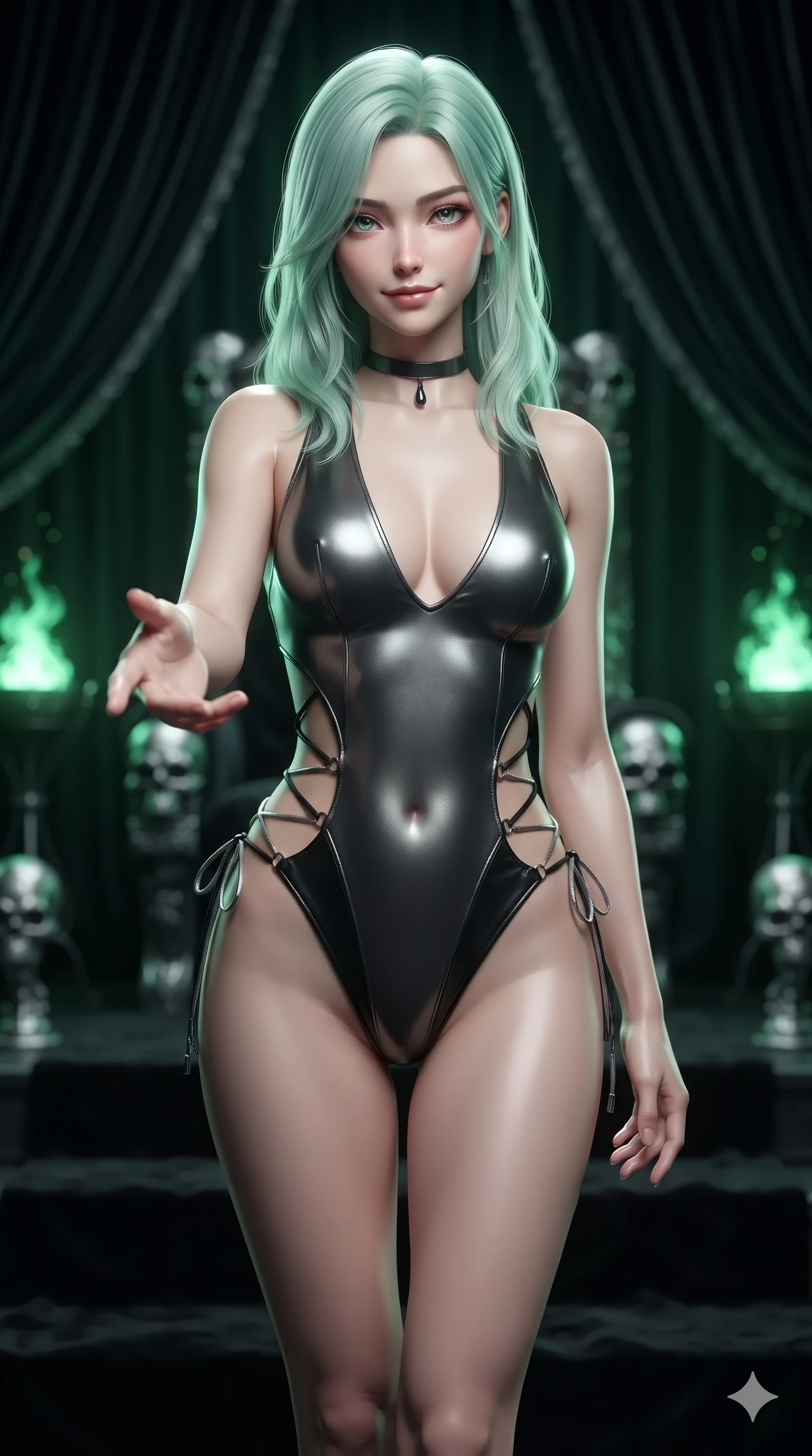 score_9, masterpiece, best quality, ultra-detailed, high-budget anime keyframe, editorial fashion photography, tasteful artistic composition, Japanese woman. close-up cowboy shot from the waist and thighs up, the character dominates the composition, filling the frame with her large presence. reaching one hand toward the viewer with relaxed dark elegance, her sculpted waistline catching specular highlights while stepping slowly down the black velvet throne steps with sovereign grace, hips swaying in an alluring rhythm that commands the chamber. The background shows a soft-focus draped dark velvet throne canopy folds, silver-embossed skull friezes, and dancing green witchfire braziers blurred into emerald, viridian, and jet-black bokeh. She has an exceptionally elegant, slender, and willowy female figure with an ultra-slim waist, flat toned midriff, narrow ribcage, and sculpted feminine hips creating an alluring, slim hourglass silhouette without bulk. sharp v-shaped jawline, high-bridge nose, intricate jewel-like dark sparkling eyes with hypnotic seductive depth, thick curled eyelashes, glossy parted lips with a natural wine sheen, alluring bedroom-eyes with an enigmatic smoldering smile, exuding magnetic sovereign charisma and dark avant-garde glamour, flawlessly proportioned anatomical accuracy, strict slender model proportions, natural body alignment, perfectly sculpted long slender limbs, ultra-slim waistline, clean dynamic posture without body distortion. wearing a low-slung cutaway leather bodysuit with bare hip flanks and criss-cross cord ties in metallic liquid silver and pitch black, made of liquid dark mercury jersey with seamless sculpting hold and fluid drape, finished with a minimalist dark choker and a single teardrop pendant, accentuating her gracefully sculpted slender torso and statuesque proportions. illuminated by velvet dais floor bounce and sharp emerald-platinum rim lights sculpting her razor-sharp jawline, narrow waist, and curvy hips. ultra-reflective glossy finish, specular highlights, metallic sheen, high-contrast stereoscopic depth, volumetric dynamic lighting, 2k, ultra detail, master piece, 9:16 ratio