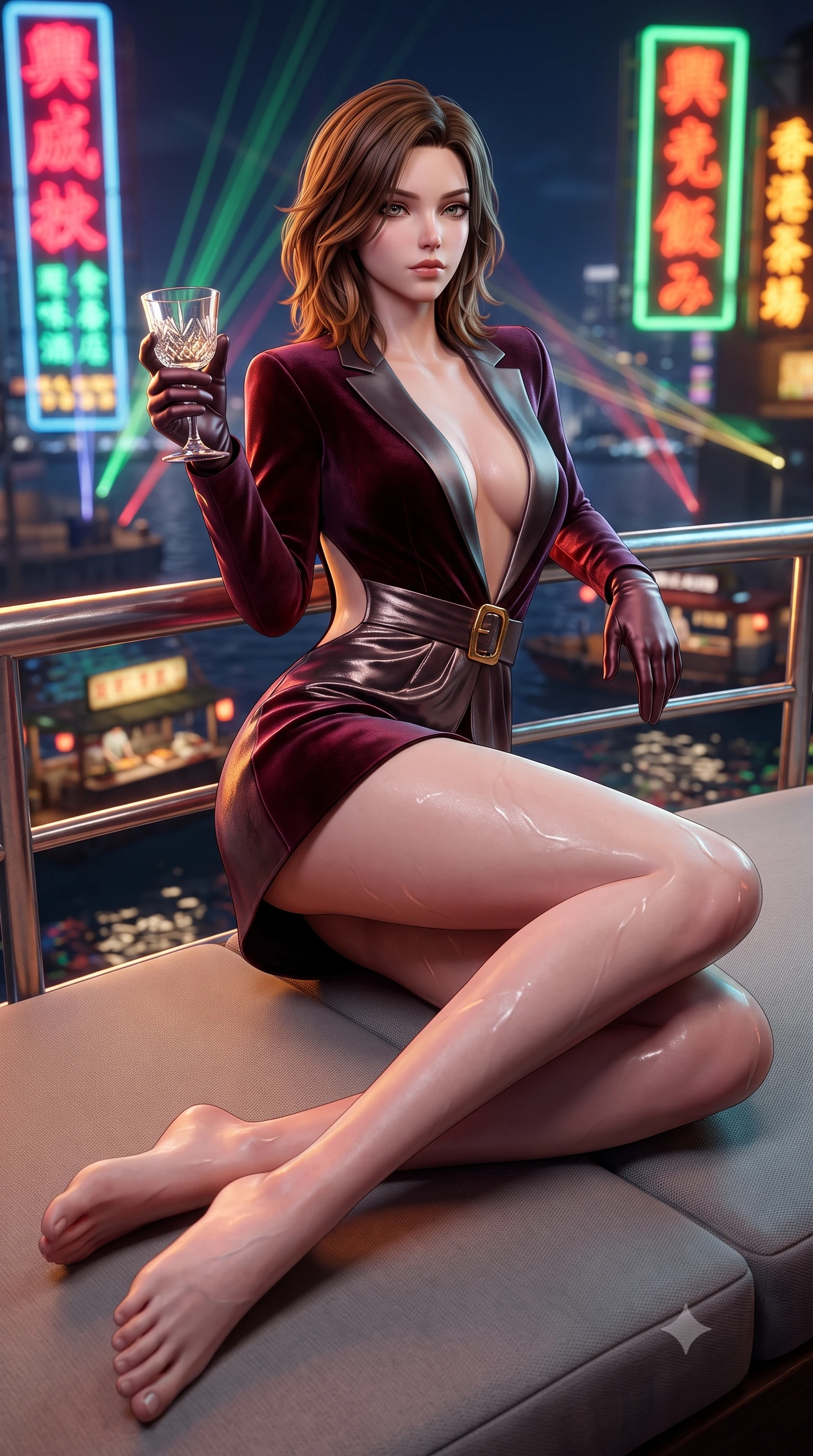 score_9, masterpiece, best quality, ultra-detailed, high-budget anime keyframe, semi-realistic 3D game render, editorial fashion photography, tasteful artistic composition, Korean woman. low angle full-body shot from head to toe showing her feet, filling the entire 9:16 vertical frame with her statuesque presence, stretching her vertical silhouette. reclining on her side in an elegant Cleopatra pose with one knee drawn up, the dramatic contour of her rounded hips and long slender legs commanding the 9:16 vertical frame while leaning against the illuminated harbor railing with hips cocked, casting a smoky, dangerous bedroom-gaze past floating street food barges. The composition keeps background elements in soft focus with creamy bokeh. swirling vertical kanji neon signs and harbor laser displays blurred into hot crimson, laser emerald, and amber bokeh. She has an exceptionally tall and slender model-like 8.5-heads proportion, an ultra-slim waist, a flat toned midriff, narrow delicate ribcage, and beautifully sculpted feminine hips creating a graceful, slim hourglass silhouette without any bulky heaviness, with impossibly long slender legs. sharp v-shaped jawline, high-bridge nose, intricate jewel-like eyes with depth, thick eyelashes, glossy parted lips with a natural sheen, intensely captivating and seductive bedroom-eyes expression, flawlessly proportioned anatomical accuracy, strict slender model proportions, natural body alignment, perfectly sculpted long slender limbs, ultra-slim waistline, clean dynamic posture without body distortion. wearing a tailored velvet tuxedo jacket dress with satin lapels, worn with a deep plunge neckline and gold hip buckle in deep wine burgundy and brushed dark platinum, crafted from luxurious metallic lamé that shifts radiance with every step, accessorized with opera-length satin gloves and a vintage crystal glass, the precision-cut side openings and low-back scoop framing her graceful spine and the sensual sweep of her slim, toned hips. illuminated by rippling harbor water specular reflections accentuating her sculpted midriff, narrow waist, and curvy hips. highly saturated vibrant anime colors, detailed shading with soft gradients, rich glossy textures, high-contrast stereoscopic depth, volumetric dynamic lighting, master piece, 9:16 ratio