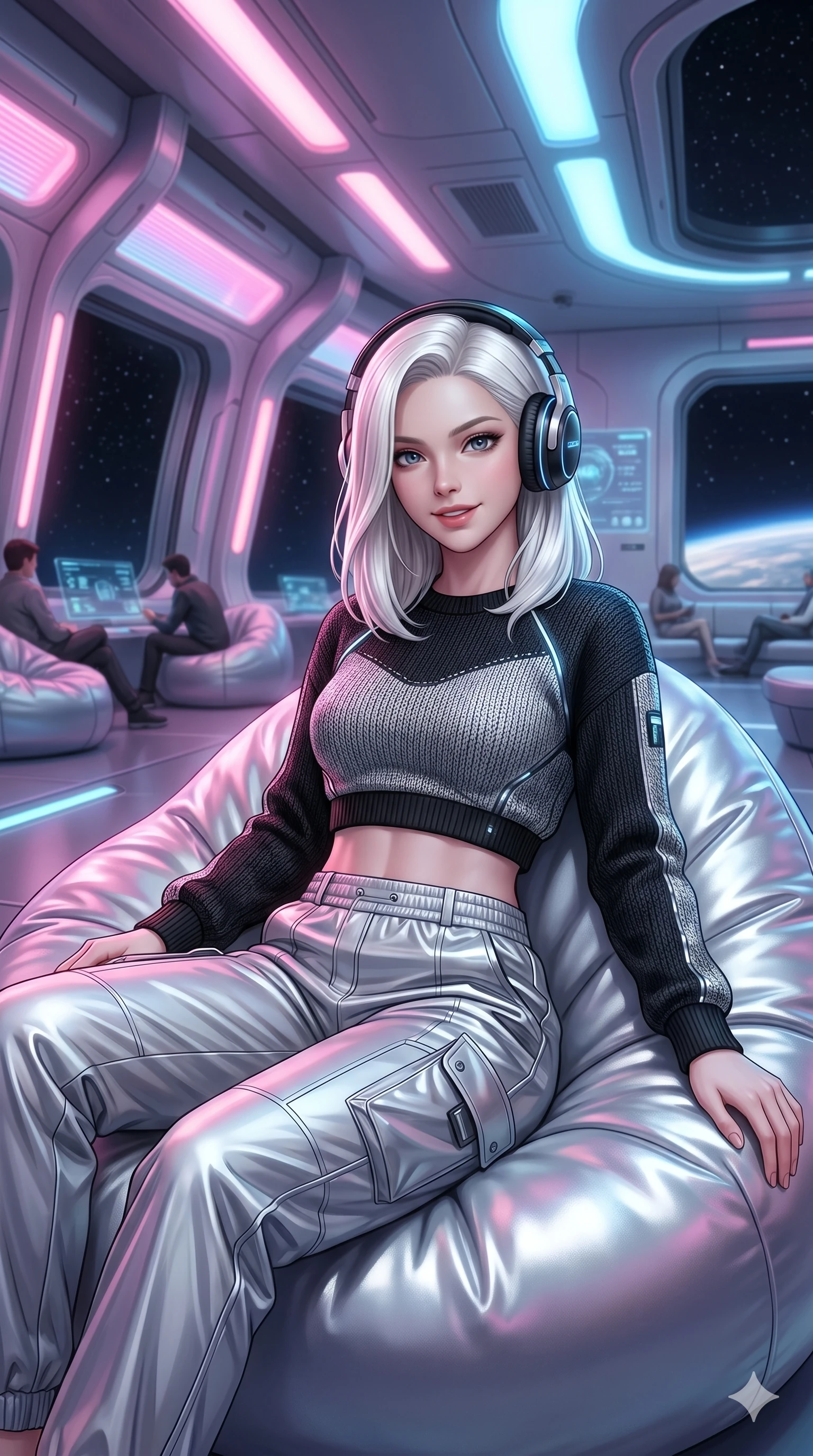 score_9, masterpiece, best quality, ultra-detailed, high-budget anime keyframe, editorial fashion photography, tasteful artistic composition, Caucasian woman, strictly human ears. Upper body close-up from the thighs up, character filling the screen for maximum presence. Inside a space station lounge, listening to music, sitting on a beanbag, looking towards the camera with a happy, relaxed expression. She is wearing a casual cropped tech-wear sweater and structured silver sweatpants. The scene is bathed in soft pink and blue ambient lights from the walls. 2k, ultra detail, master piece, 9:16 ratio