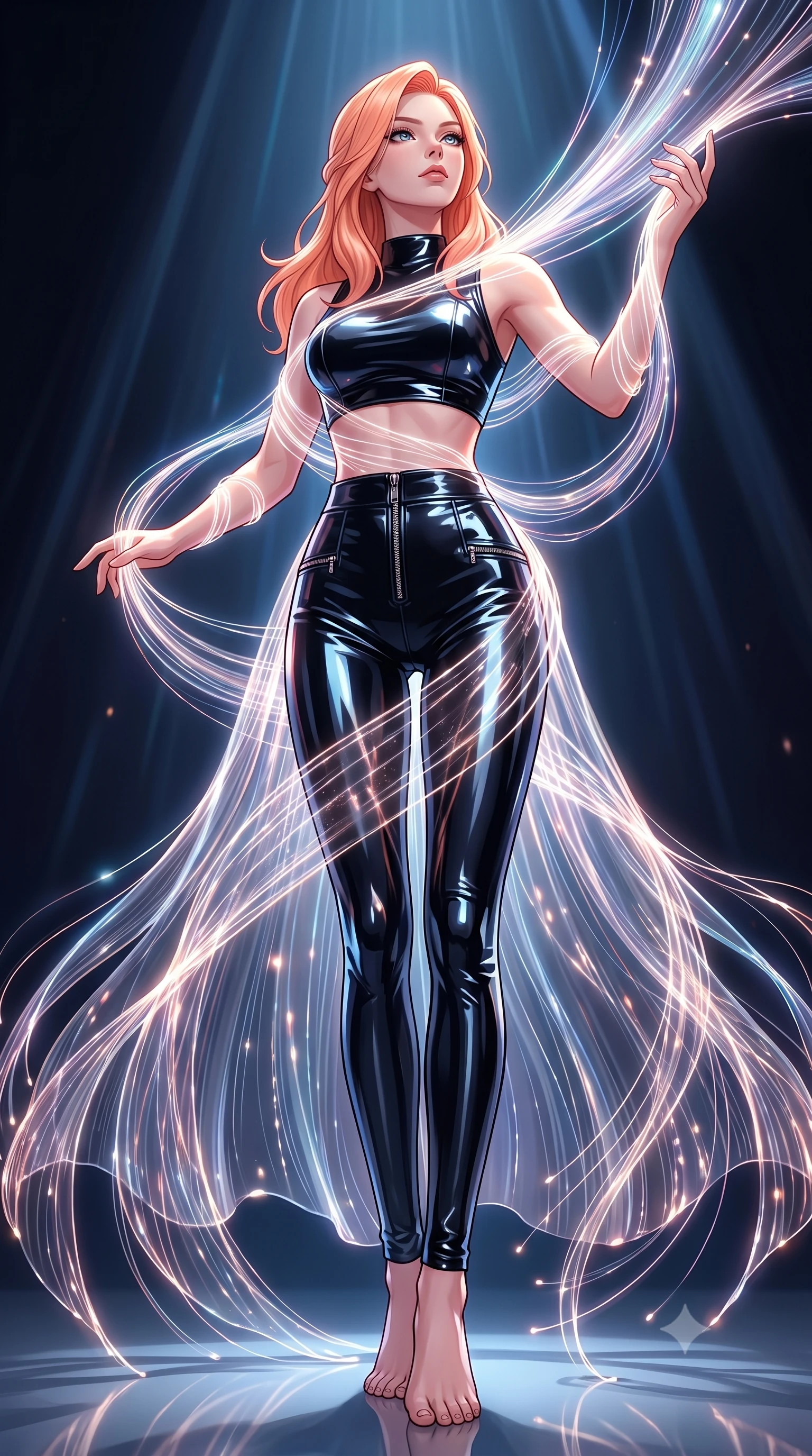 score_9, masterpiece, best quality, ultra-detailed, high-budget anime keyframe, editorial fashion photography, tasteful artistic composition, Japanese woman. low angle full-body shot from head to toe showing her feet, filling the entire 9:16 vertical frame with her statuesque presence, stretching her vertical silhouette. interacting gracefully with the magical floating elements while maintaining a confident posture weaving a shimmering dress of light threads that flow around her figure, fine light patterns reflecting off glossy surfaces on her outfit. She has an absolutely perfect, statuesque 8.5-heads proportion, an exceptionally tall and slender model-like female figure with impossibly long slender legs and an ultra-slim waist. sharp v-shaped jawline, high-bridge nose, intricate jewel-like eyes with depth, thick eyelashes, glossy lips with a natural sheen. wearing a glossy vinyl crop top and high-waist tailored leggings with sleek metallic zippers, the glove-like fit emphasizing her statuesque silhouette. lit by intense fiber optic light rays creating stunning contrast and depth. highly saturated vibrant anime colors, detailed shading with soft gradients, rich glossy textures, high-contrast stereoscopic depth, volumetric dynamic lighting, master piece, 9:16 ratio