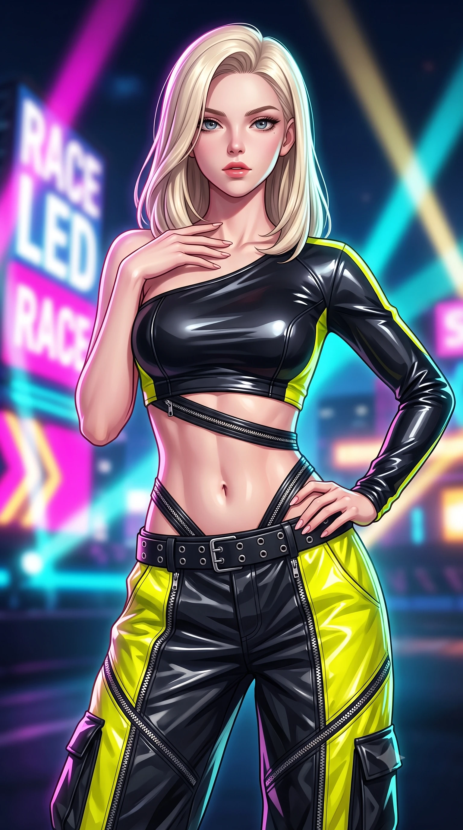 score_9, masterpiece, best quality, ultra-detailed, high-budget anime keyframe, semi-realistic 3D game render, editorial fashion photography, tasteful artistic composition, Caucasian woman. close-up cowboy shot from the waist and thighs up, the character dominates the composition, filling the frame with her large presence. resting one manicured hand delicately on her bare collarbone, her upper body twisting in a fluid, voluptuous yet slender curve while twisting her athletic torso in an alluring S-curve while resting both hands on her hips, looking past the camera with fearless allure. The composition keeps background elements in soft focus with creamy bokeh. giant LED jumbotron race countdown graphics and sweeping searchlights blurred into electric magenta, turquoise, and gold bokeh. She has an exceptionally elegant, slender, and willowy female figure with an ultra-slim waist, a gracefully sculpted slender torso, toned flat midriff, and a refined slim silhouette. sharp v-shaped jawline, high-bridge nose, intricate jewel-like eyes with depth, thick eyelashes, glossy parted lips with a natural sheen, intensely captivating and seductive expression, flawlessly proportioned anatomical accuracy, strict slender model proportions, natural body alignment, perfectly sculpted long slender limbs, ultra-slim waistline, clean dynamic posture without body distortion. wearing an asymmetric single-sleeve moto crop top paired with baggy metallic parachute trousers and grommet belt in high-gloss asphalt black and hazard neon yellow, made of durable ripstop technical nylon with metallic zipper teeth, accented with diagonal metal zippers running across the side-waist cutouts, the glove-like aerodynamic second-skin fit tightly clinging to her ultra-slender waist and athletic curves without adding bulk, accentuating her razor-sharp statuesque lines and slim hourglass silhouette. illuminated by crisp directional rim lighting sharply defining her razor-sharp jawline and feminine curves. highly saturated vibrant anime colors, detailed shading with soft gradients, rich glossy textures, high-contrast stereoscopic depth, volumetric dynamic lighting, master piece, 9:16 ratio