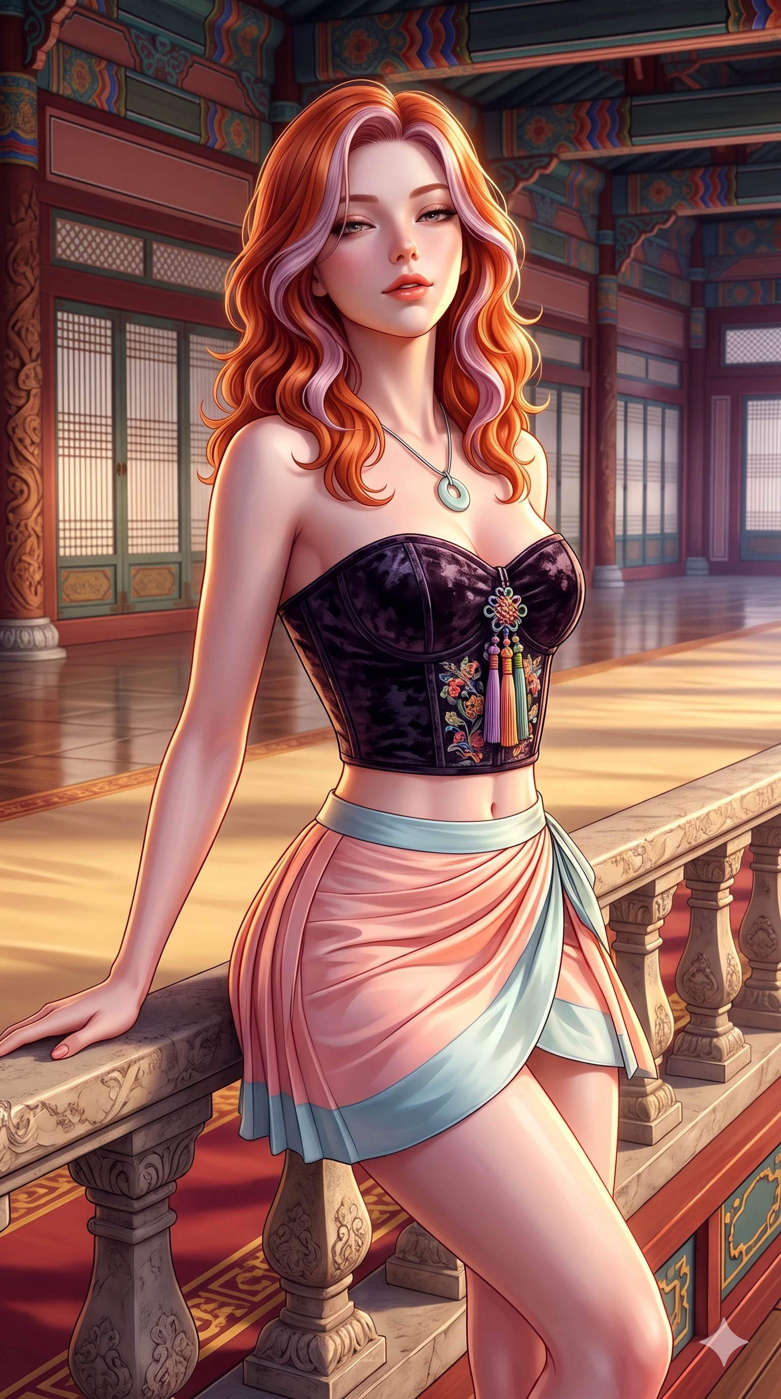 score_9, masterpiece, best quality, ultra-detailed, high-budget anime keyframe, semi-realistic 3D game render, editorial fashion photography, tasteful artistic composition, Caucasian woman. close-up cowboy shot from the waist and thighs up, the character dominates the composition, filling the frame with her large presence. leaning back against the balustrade with relaxed seductive grace, head tilted back slightly while casting a hypnotic, heavy-lidded gaze while striding gracefully down the central silk runner with sovereign feline poise, her long slender legs and curvy hips commanding the imperial palace. The surrounding environment is rendered in vivid detail and crisp panoramic clarity: detailed modern strapless hanbok bustier tailoring, norigae tassel knotting, and imperial palace architecture in razor-sharp precision. She has an exceptionally elegant, slender, and willowy female figure with an ultra-slim waist, flat toned midriff, narrow ribcage, and sculpted feminine hips creating an alluring, slim hourglass silhouette without bulk. sharp v-shaped jawline, high-bridge nose, sparkling eyes with hypnotic seductive depth, thick curled eyelashes, glossy parted lips with a natural dewy peach sheen, alluring bedroom-eyes with an enchanting coquettish smile, exuding magnetic siren charisma and sophisticated glamour, flawlessly proportioned anatomical accuracy, strict slender model proportions, natural body alignment, perfectly sculpted long slender limbs, ultra-slim waistline, clean dynamic posture without body distortion. wearing a modern boned hanbok bustier top with norigae tassel paired with an ultra-short micro-pleated silk wrap mini skirt in pastel peach blossom and celadon porcelain blue, tailored from crushed dark velvet with deep light-absorbing plush texture, finished with a minimalist celadon porcelain pendant on a fine silk cord, the glove-like clinging cut tightly following the natural contour of her hips and long slender legs with youthful 8.5-heads elegance. illuminated by polished floor bounce and sharp gold-champagne rim lights sculpting her razor-sharp jawline, narrow waist, and curvy hips. highly saturated vibrant anime colors, detailed shading with soft gradients, rich glossy textures, high-contrast stereoscopic depth, volumetric dynamic lighting, master piece, 9:16 ratio