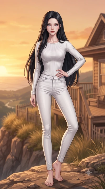 score_9, masterpiece, best quality, ultra-detailed, high-budget anime keyframe, editorial fashion photography, tasteful artistic composition, Korean woman woman. low angle full-body shot from head to toe showing her feet, filling the entire 9:16 vert